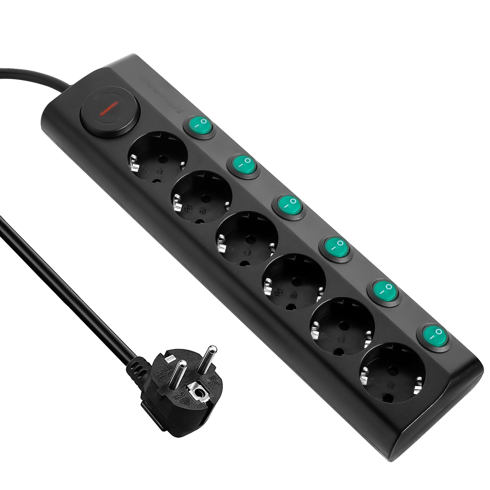 UCOMEN Steckdosenleiste mit 6 Steckdosen, Überlastschutz, Einzelschalter, 1,5 m Kabel, 16 A, 3680 W, 250 V