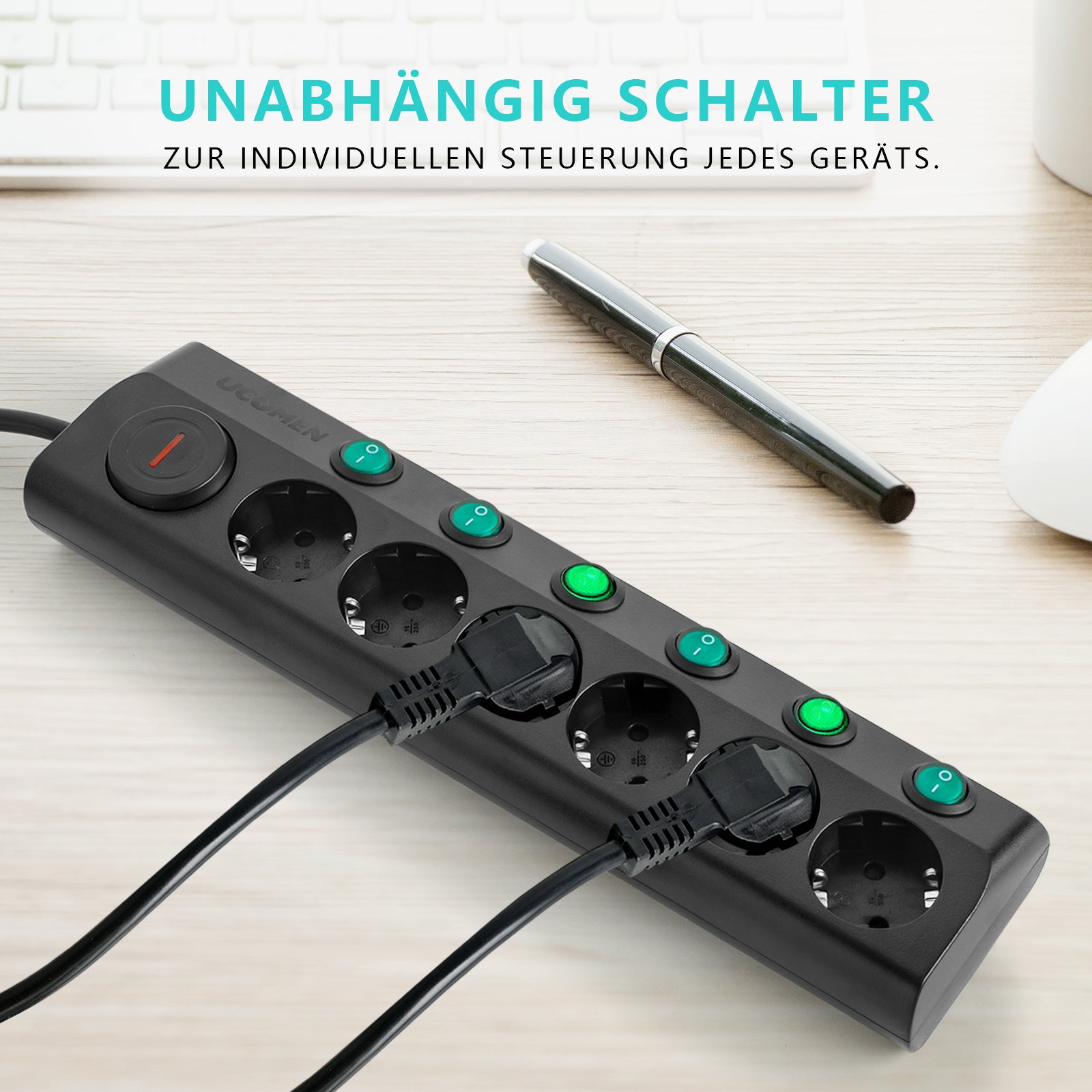 UCOMEN Steckdosenleiste mit 6 Steckdosen, Überlastschutz, Einzelschalter, 1,5 m Kabel, 16 A, 3680 W, 250 V