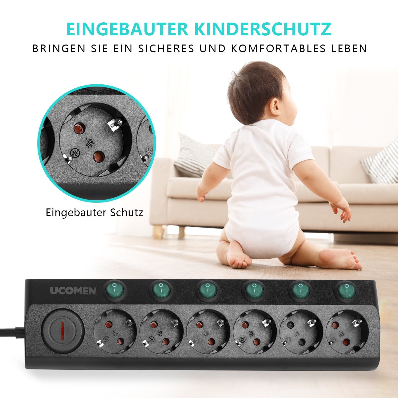 UCOMEN Steckdosenleiste mit 6 Steckdosen, Überlastschutz, Einzelschalter, 1,5 m Kabel, 16 A, 3680 W, 250 V