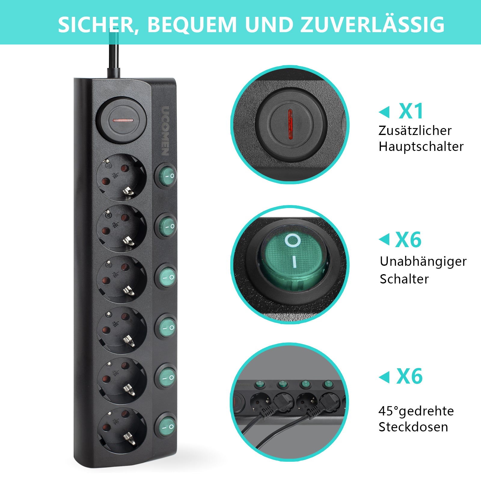 UCOMEN Steckdosenleiste mit 6 Steckdosen, Überlastschutz, Einzelschalter, 1,5 m Kabel, 16 A, 3680 W, 250 V