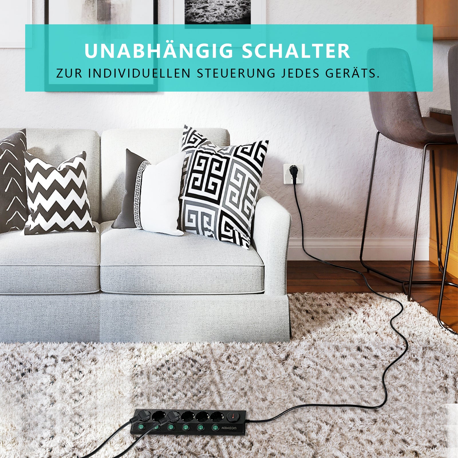 UCOMEN Steckdosenleiste mit 6 Steckdosen, Überlastschutz, Einzelschalter, 1,5 m Kabel, 16 A, 3680 W, 250 V