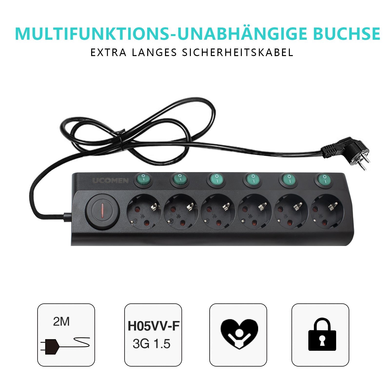 UCOMEN Steckdosenleiste mit 6 Steckdosen, Überlastschutz, Einzelschalter, 1,5 m Kabel, 16 A, 3680 W, 250 V