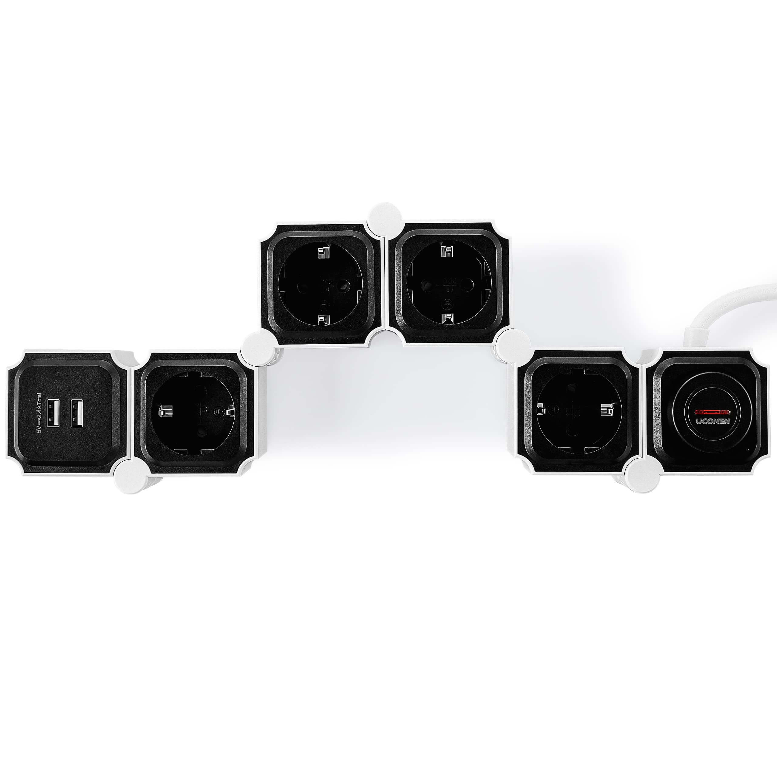 UCOMEN Steckdosenleiste mit 2/4/6 Steckdosen, 180 Grad drehbar, 2 USB-Anschlüsse, 3680 W, 16 A, Schwarzweiß