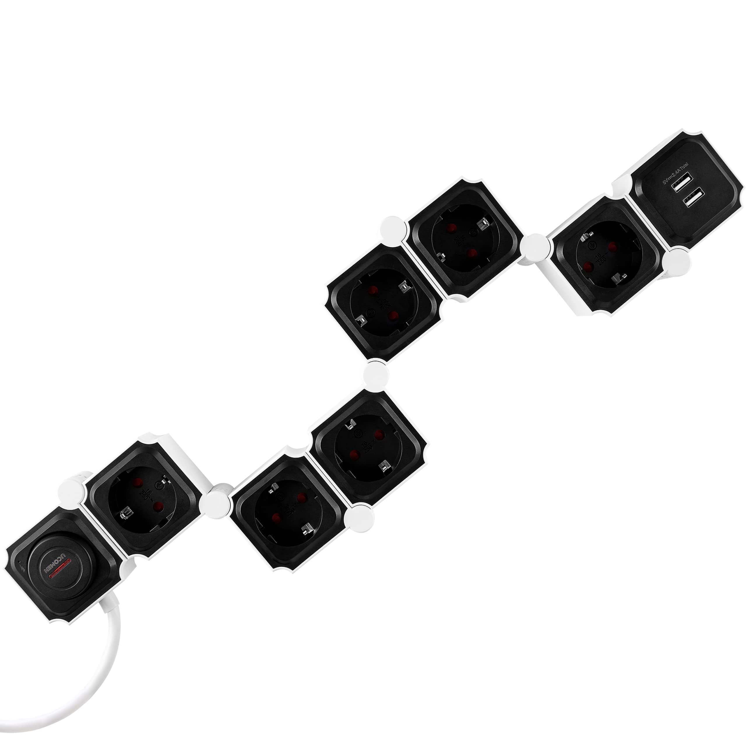 UCOMEN 6-Outlet Power Strip, 180-Degree Rotatable, 2 USB Ports, 3680W 16A, Black&White