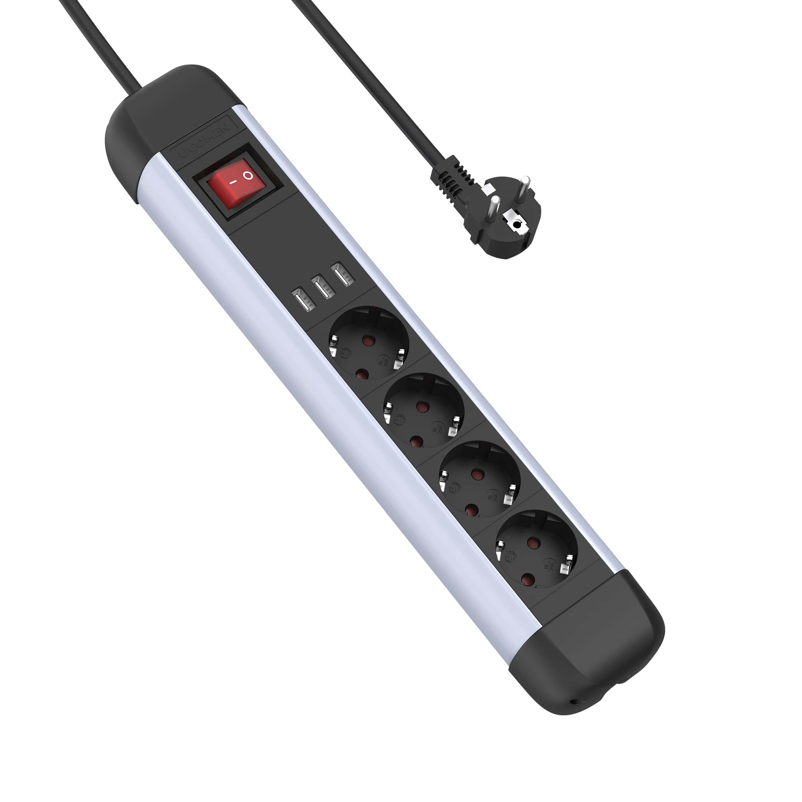 UCOMEN 4-Outlet Power Strip, Premium Aluminum, 3 USB-A, 1.8m cable, 16A, 3680W