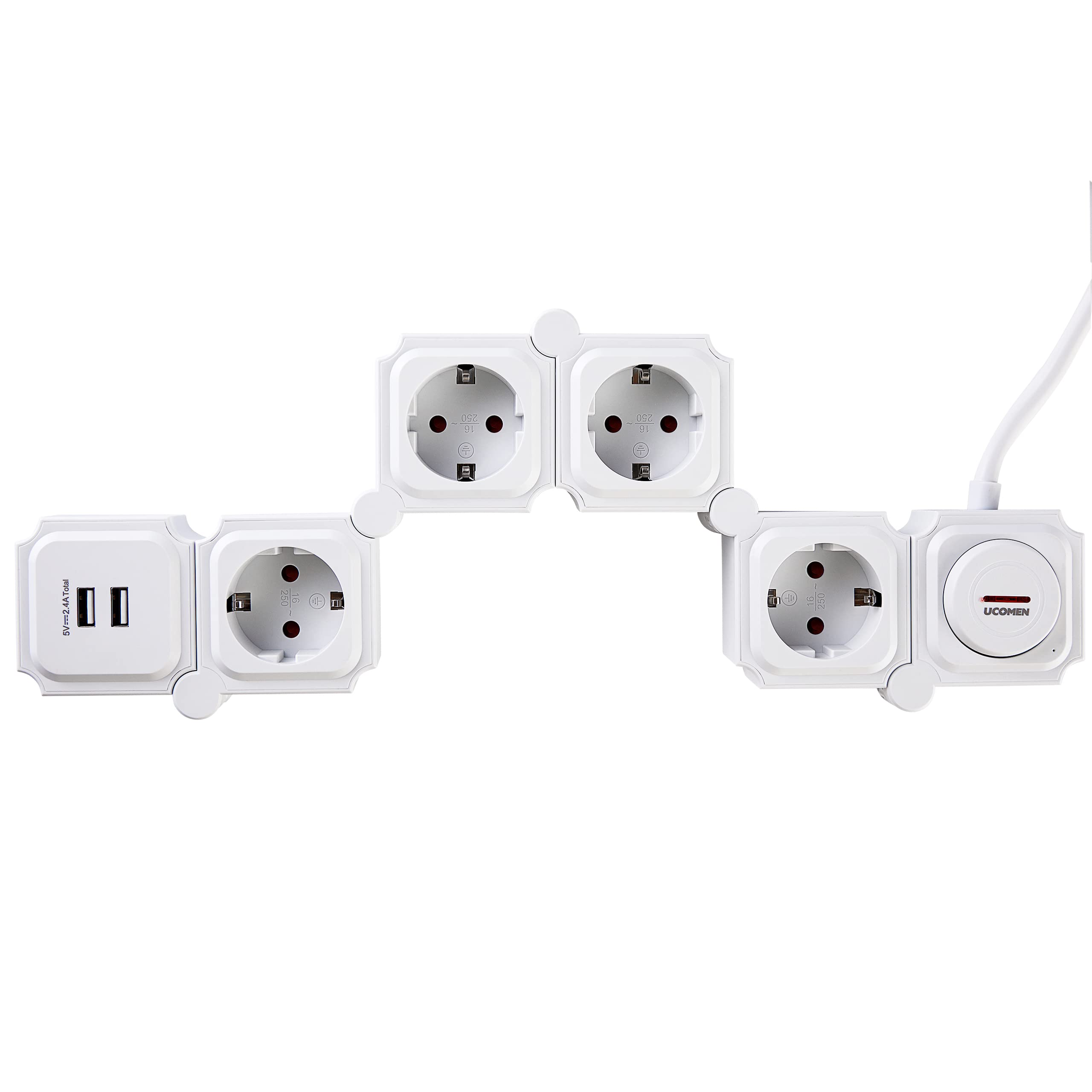 UCOMEN Steckdosenleiste mit 2/4/6 Steckdosen, 180 Grad drehbar, 2 USB-Anschlüsse, 3680 W, 16 A, Schwarzweiß