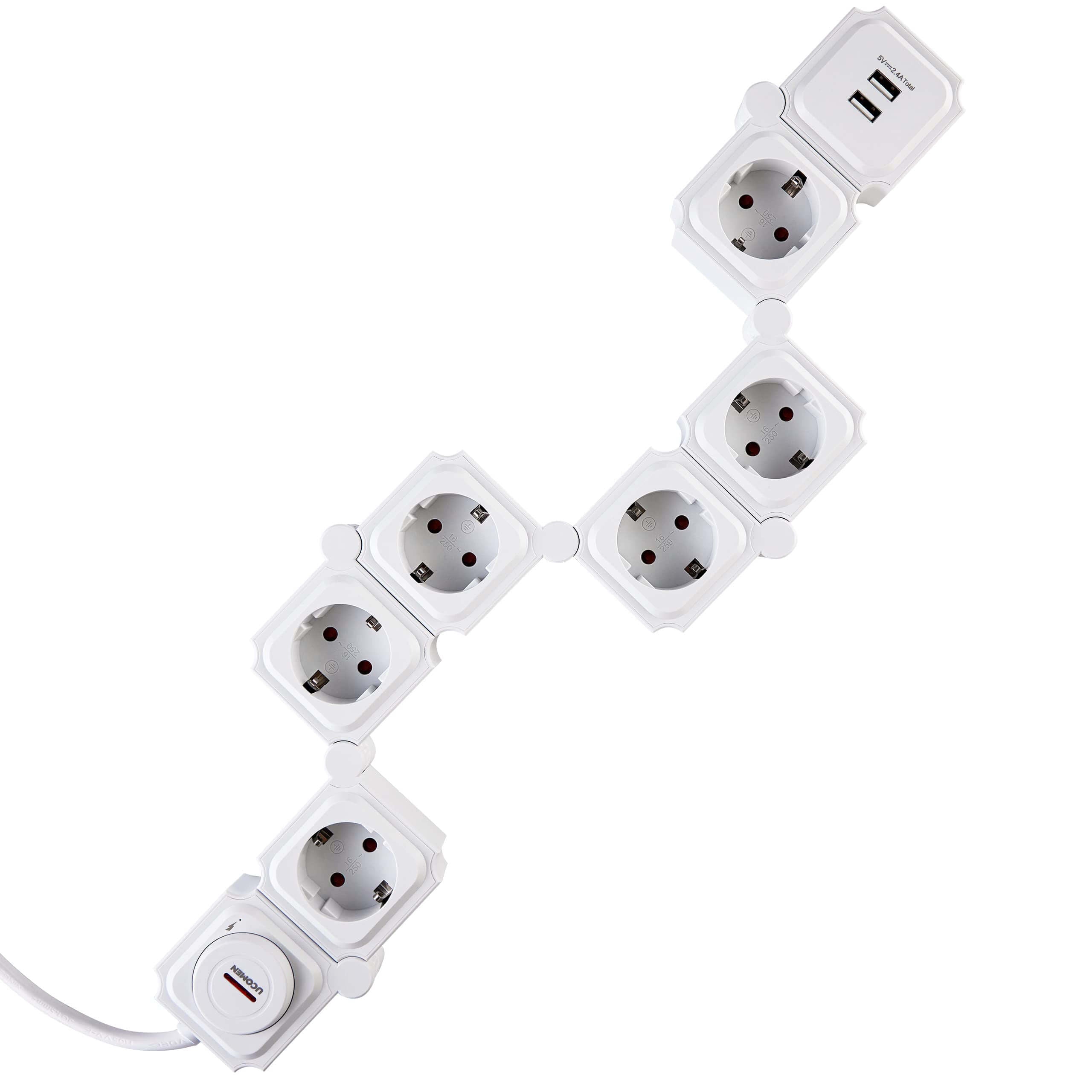 UCOMEN 6-Outlet Power Strip, 180-Degree Rotatable, 2 USB Ports, 3680W 16A, Black&White