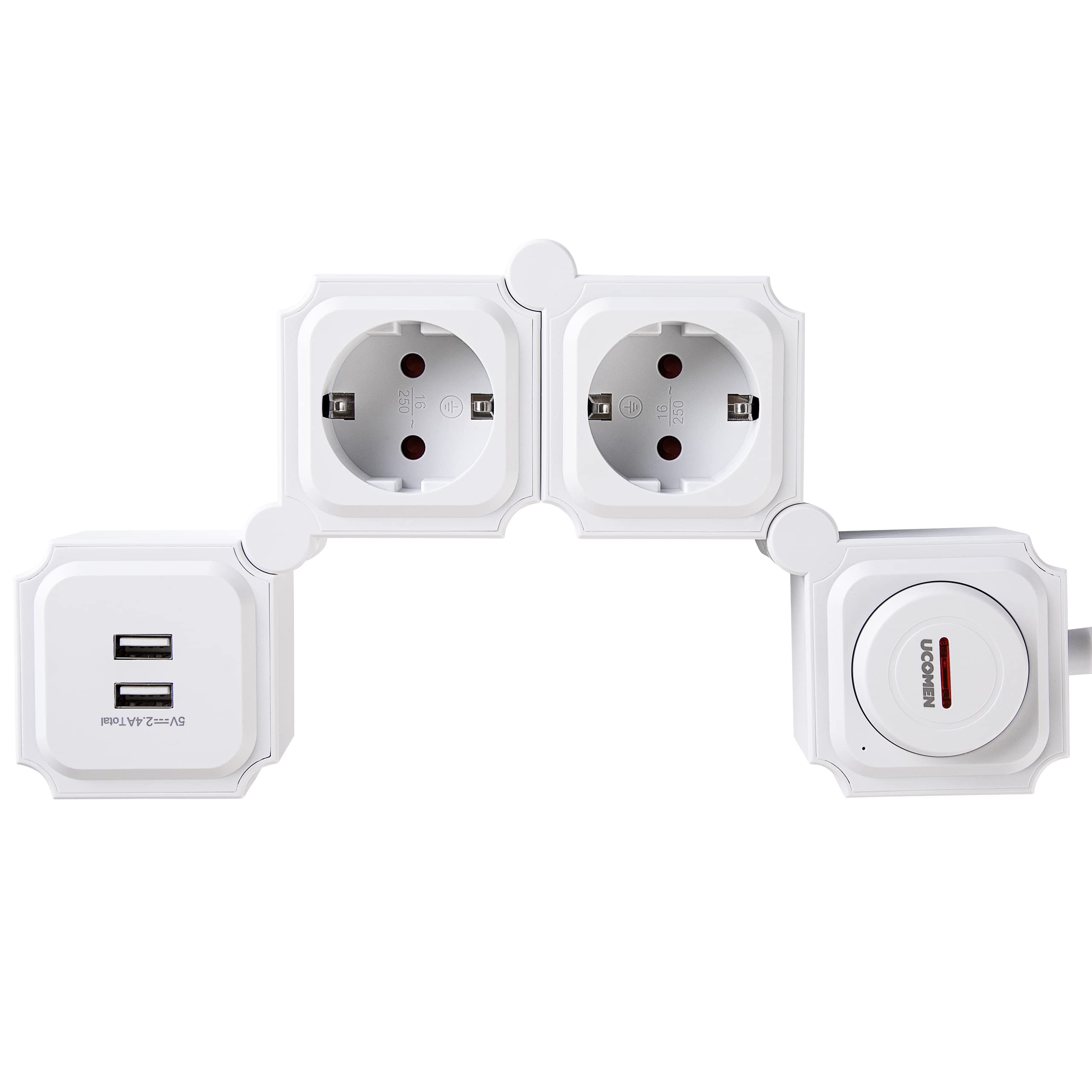 UCOMEN 2-Outlet Flexible Power Strip, 180-Degree Rotatable, 2 USB Ports, 3680W 16A