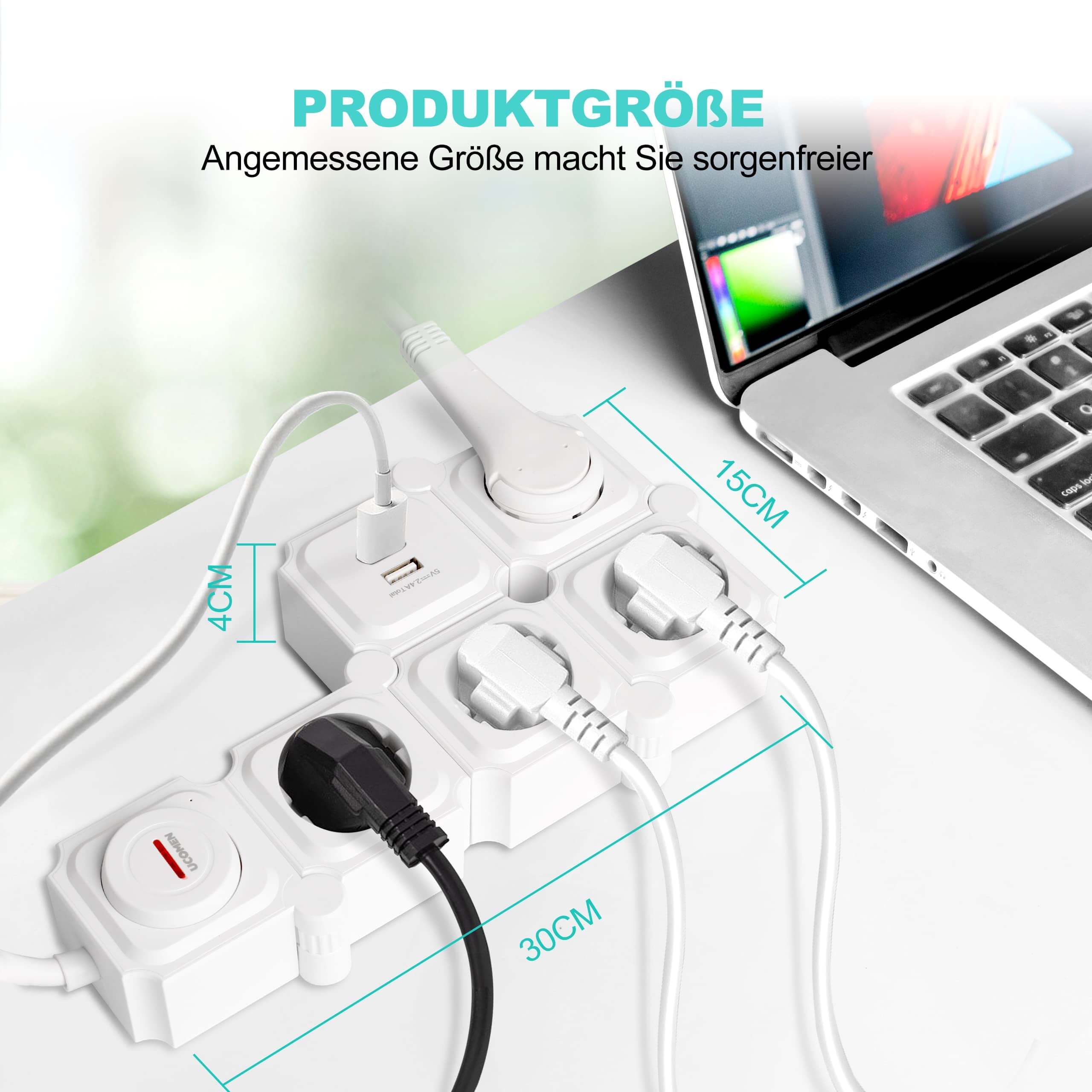 UCOMEN Steckdosenleiste mit 2/4/6 Steckdosen, 180 Grad drehbar, 2 USB-Anschlüsse, 3680 W, 16 A, Schwarzweiß