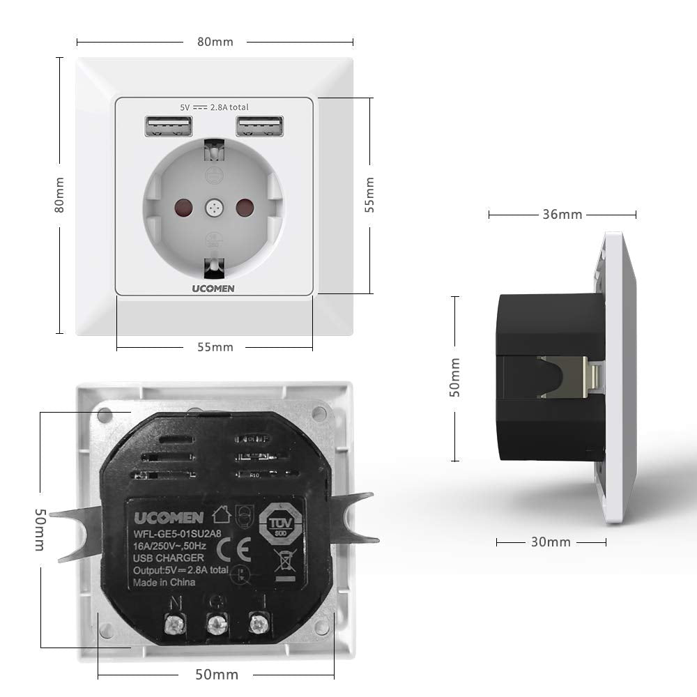 UCOMEN 5V 2.8A 250V USB Schuko Socket Bundle, 2 USB-A|1 USB-A + 1 USB-C, Standard Flush-Mounted Box, White (2 Pack)