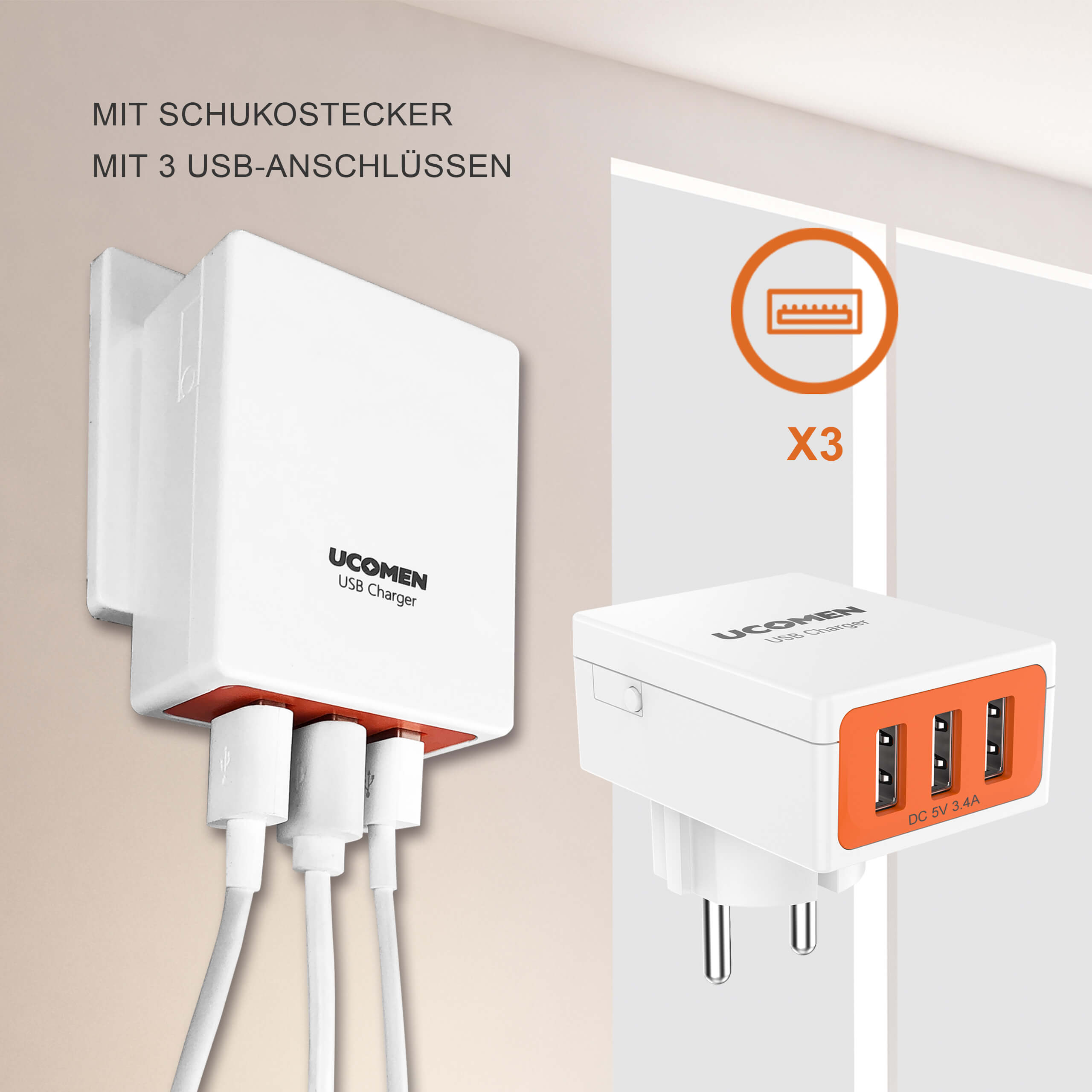 UCOMEN Ladeadapter 3,4 A USB 3 Anschlüsse + 1 Steckdose mit USB 2,1 A 2 Anschlüsse – 2er-Pack