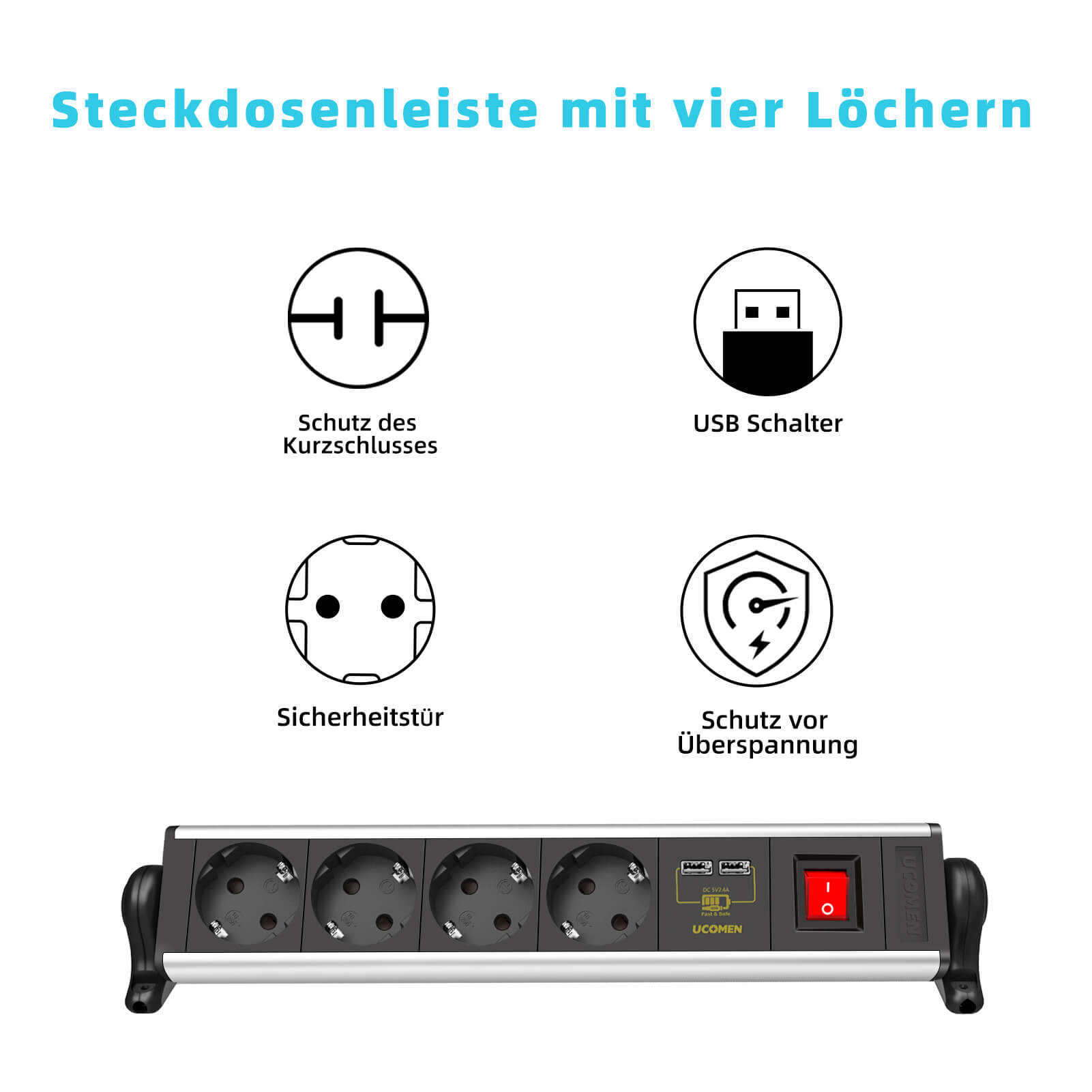 UCOMEN 4-Outlet Power Strip, 2 USB-A, Mounting Clamps for Secure Desk Installation, Home&Office, 16A, 3680W