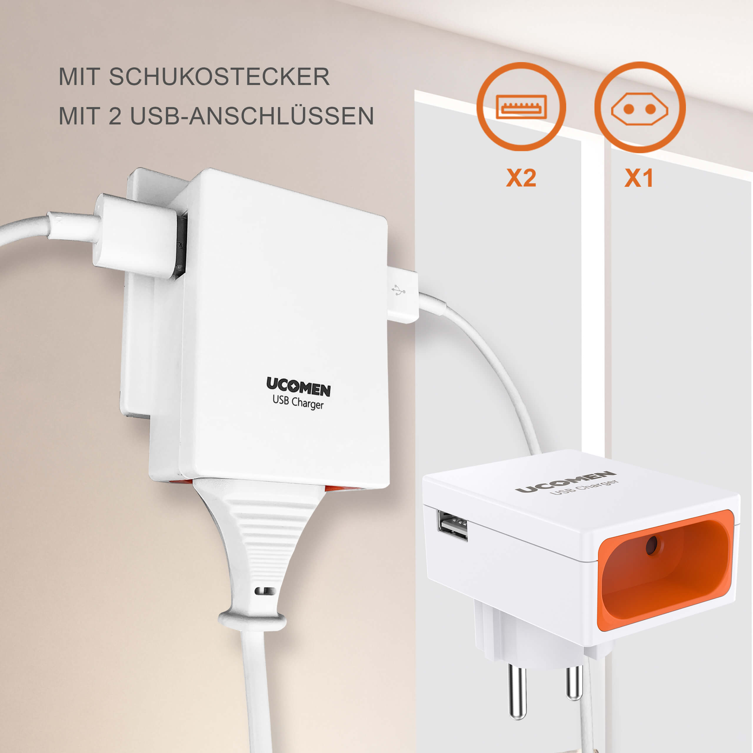 UCOMEN Ladeadapter 3,4 A USB 3 Anschlüsse + 1 Steckdose mit USB 2,1 A 2 Anschlüsse – 2er-Pack