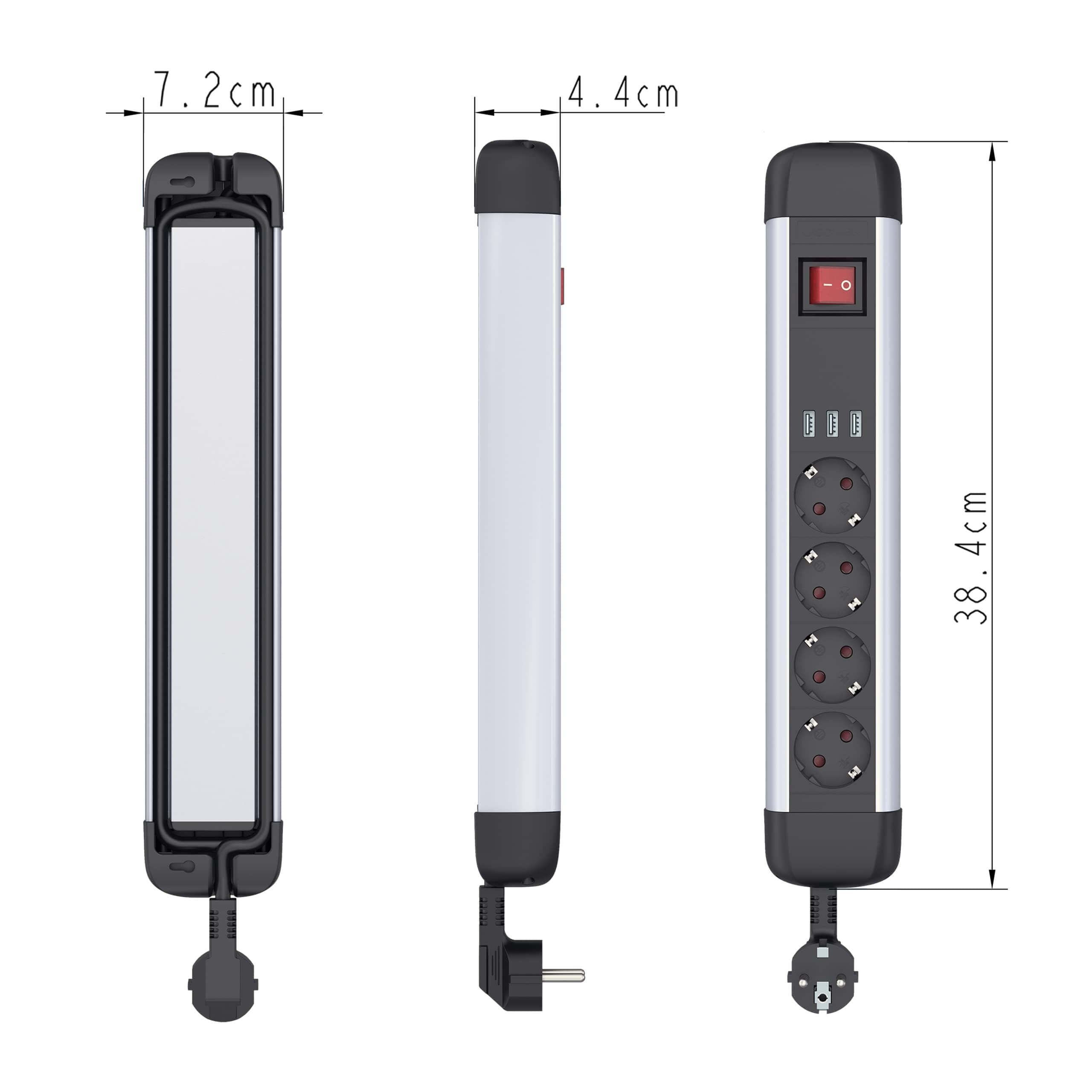 UCOMEN 4-Outlet Power Strip, Premium Aluminum, 3 USB-A, 1.8m cable, 16A, 3680W