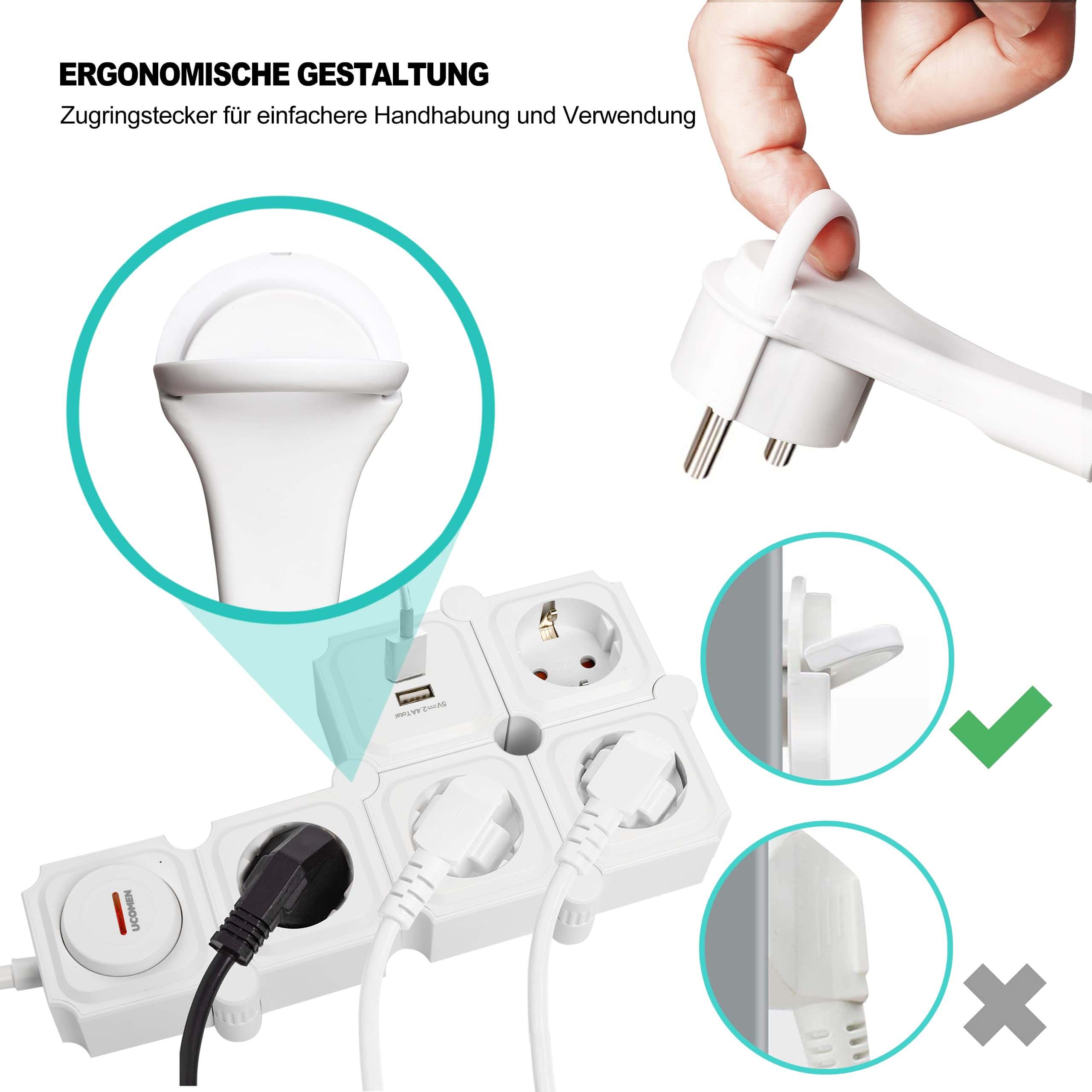 UCOMEN Steckdosenleiste mit 2/4/6 Steckdosen, 180 Grad drehbar, 2 USB-Anschlüsse, 3680 W, 16 A, Schwarzweiß