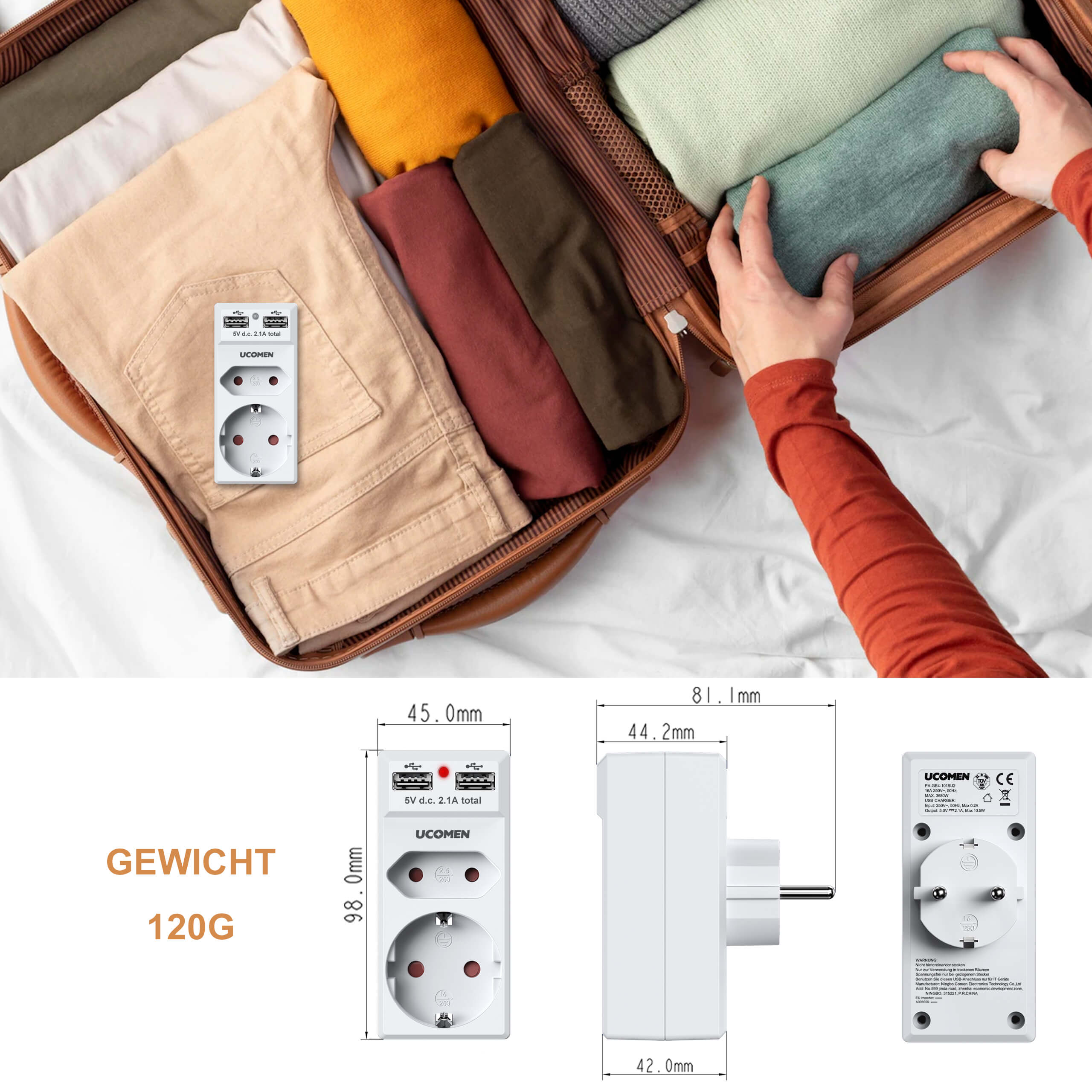 UCOMEN 4-in-1-Steckdosenadapter mit zwei 5-V-2,4-A-USB-Anschlüssen, Haushaltsgeräte, 16 A, 3680 W, weiß