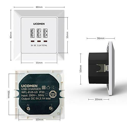 UCOMEN 5.0V, 3.1A Flush-Mounted USB Charger, USB-A & USB-C Ports, White