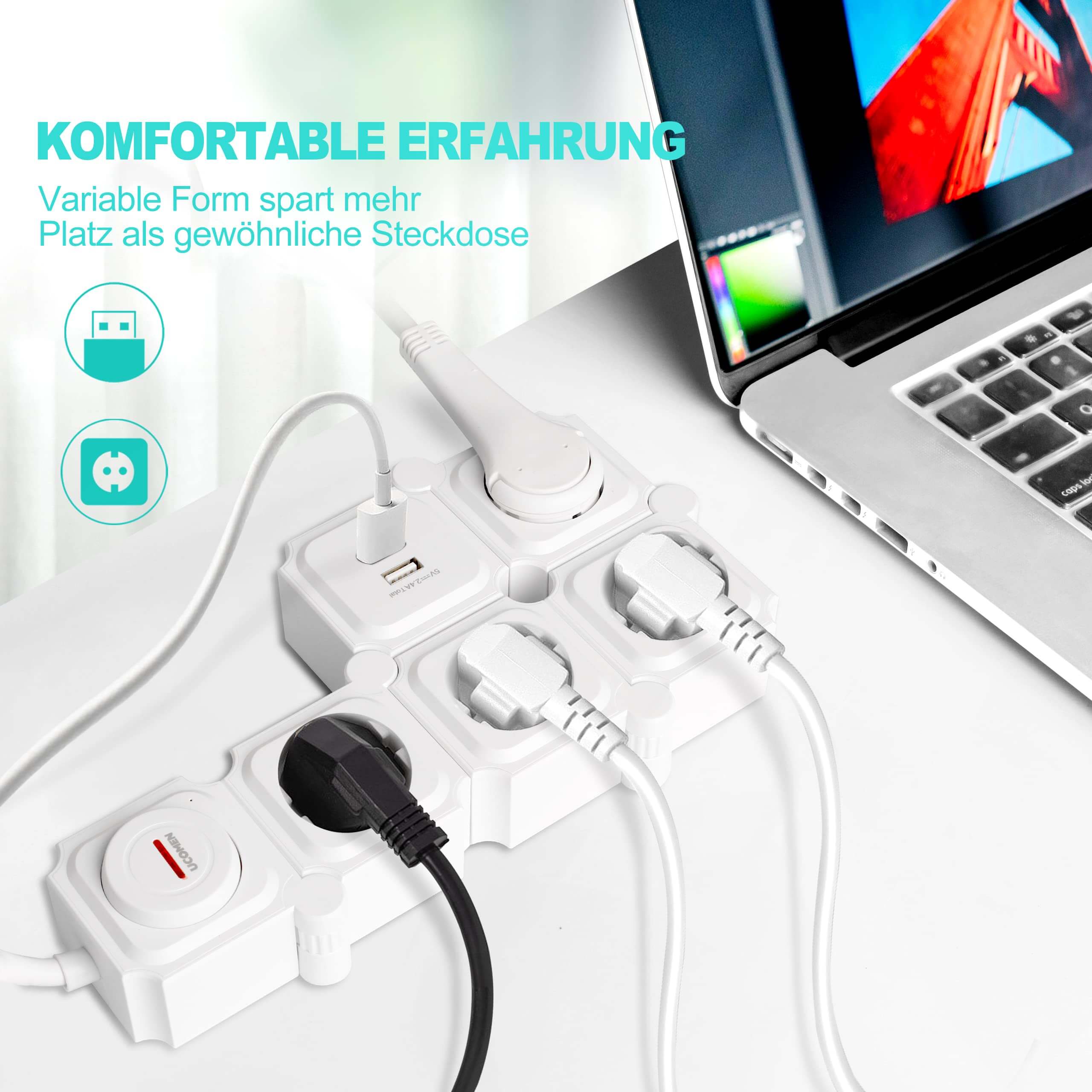 UCOMEN Steckdosenleiste mit 2/4/6 Steckdosen, 180 Grad drehbar, 2 USB-Anschlüsse, 3680 W, 16 A, Schwarzweiß