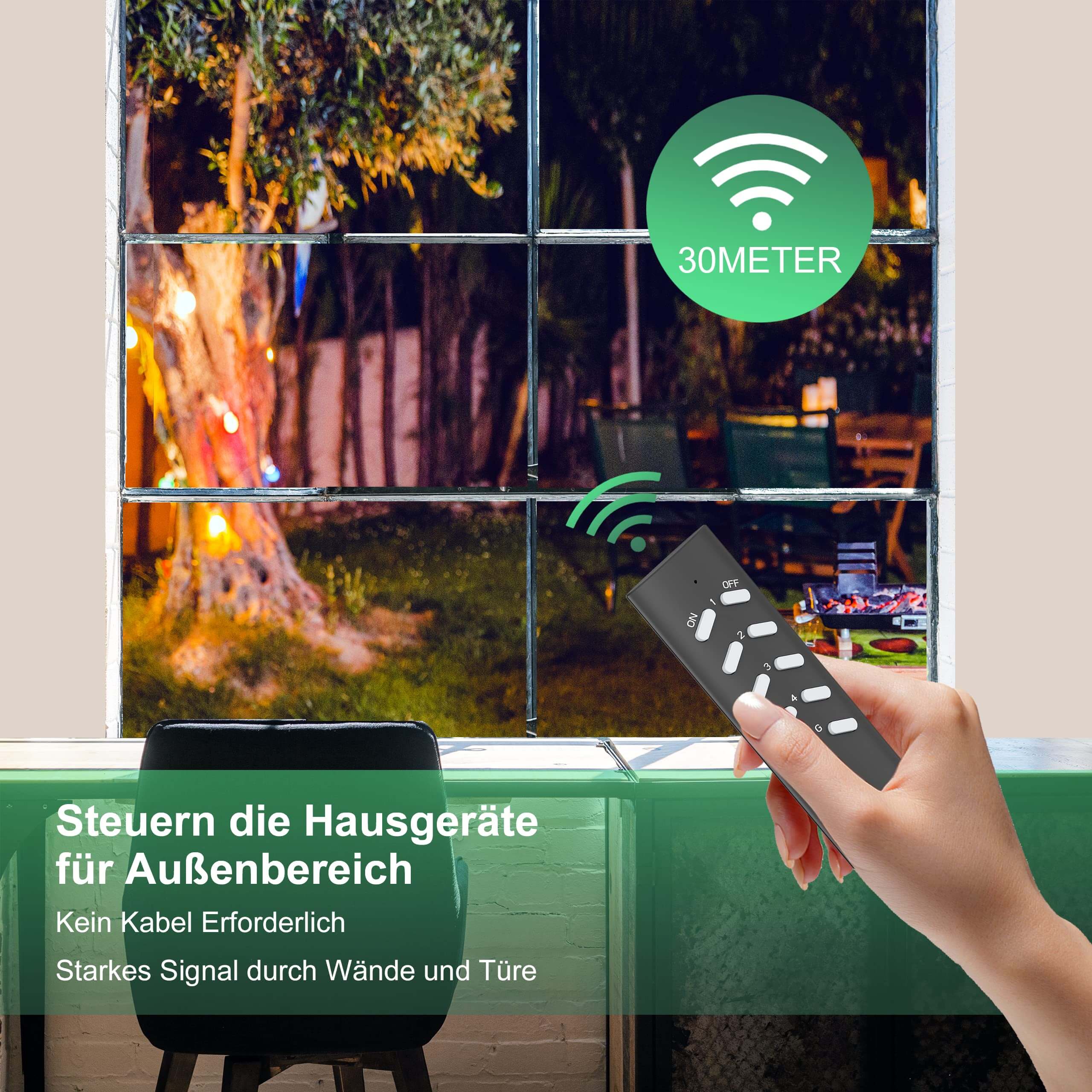 UCOMEN RF-Steuersteckdose, IP44 für den Außenbereich, 30 m Sichtlinie, 5 Steckdosen + 2 Fernbedienungen im Paket, für Weihnachtsdekorationen, Lichter, Haushaltsgeräte, Schwarz mit Grün
