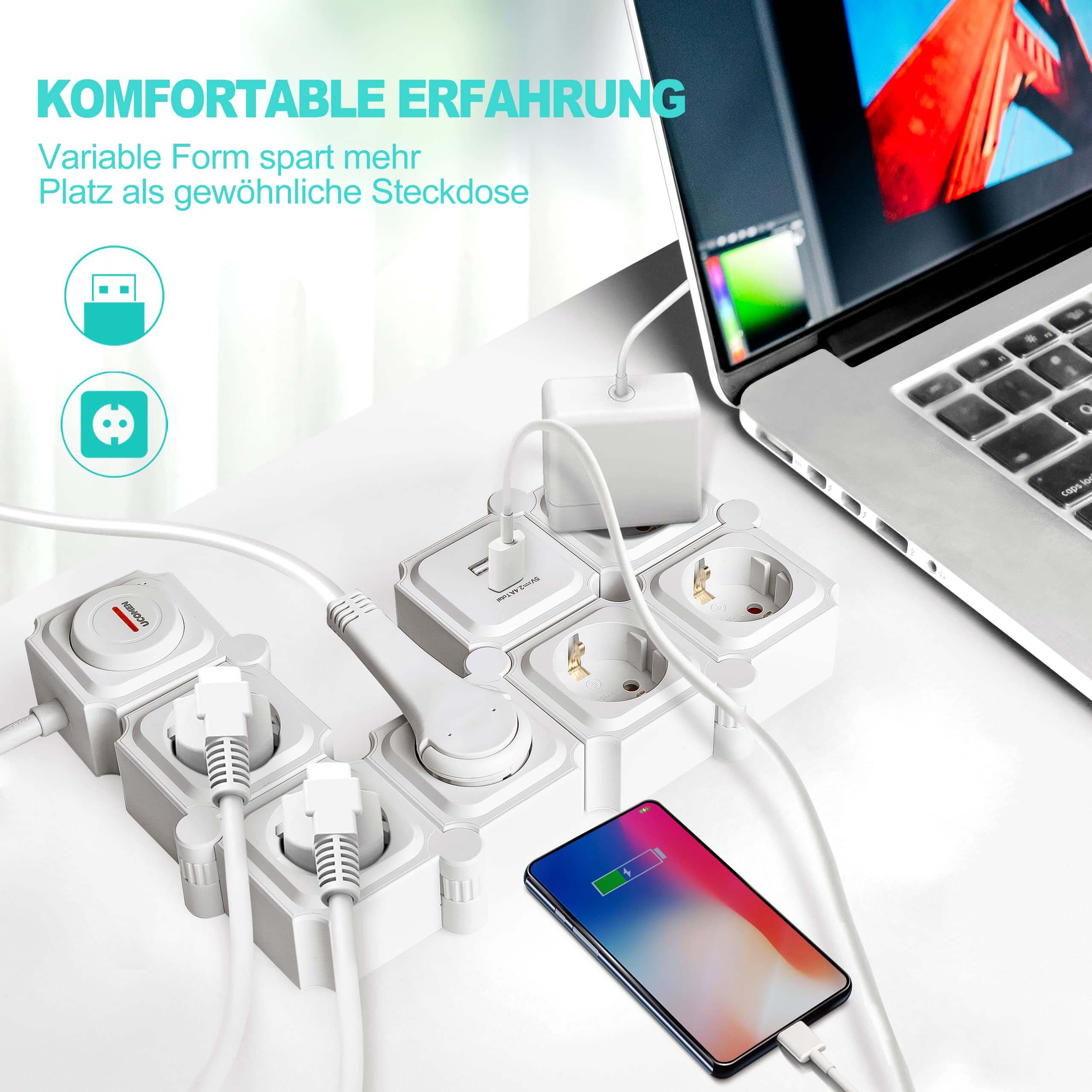 UCOMEN 6-Outlet Power Strip, 180-Degree Rotatable, 2 USB Ports, 3680W 16A, Black&White