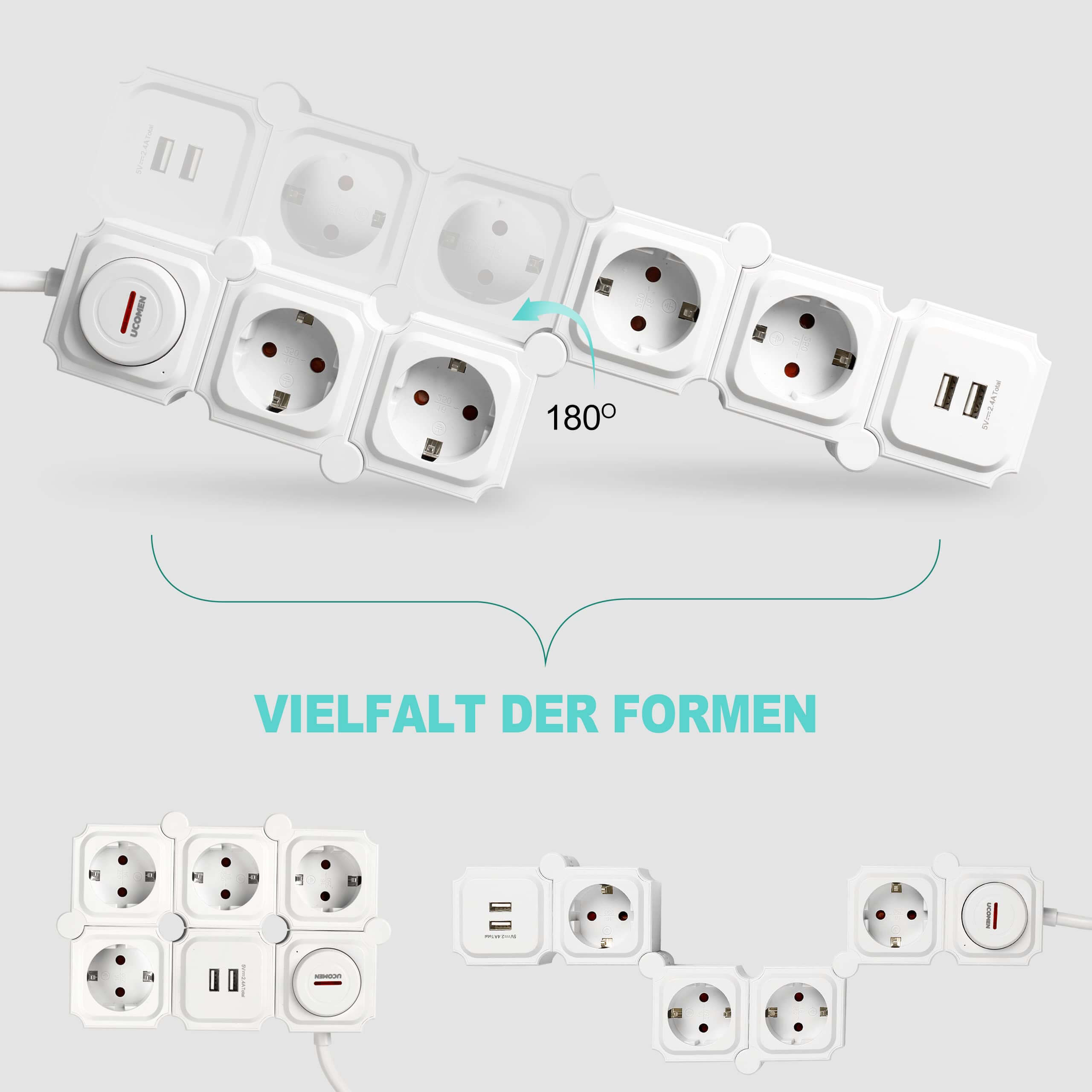 UCOMEN Steckdosenleiste mit 2/4/6 Steckdosen, 180 Grad drehbar, 2 USB-Anschlüsse, 3680 W, 16 A, Schwarzweiß