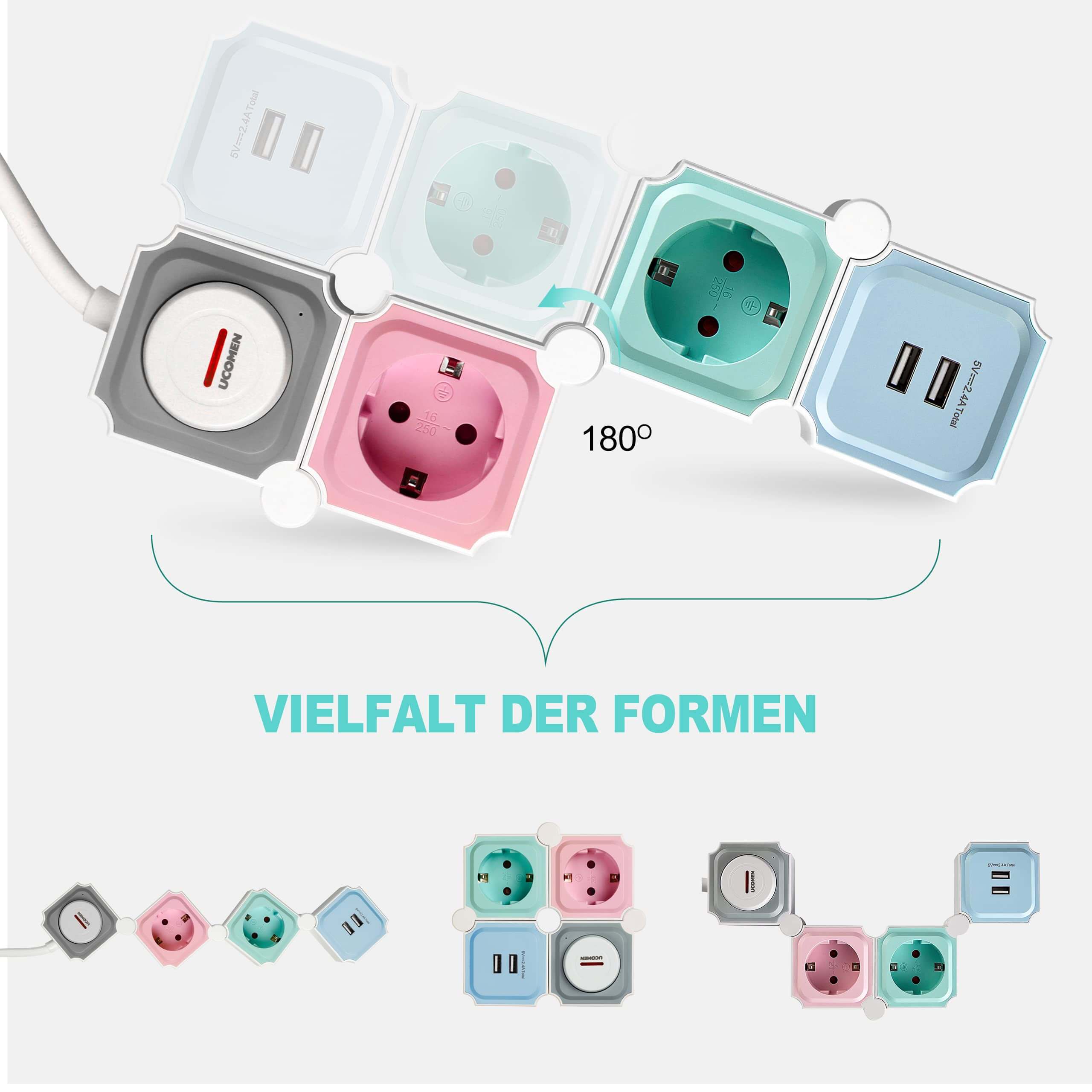 UCOMEN 2-Outlet Flexible Power Strip, 180-Degree Rotatable, 2 USB Ports, 3680W 16A