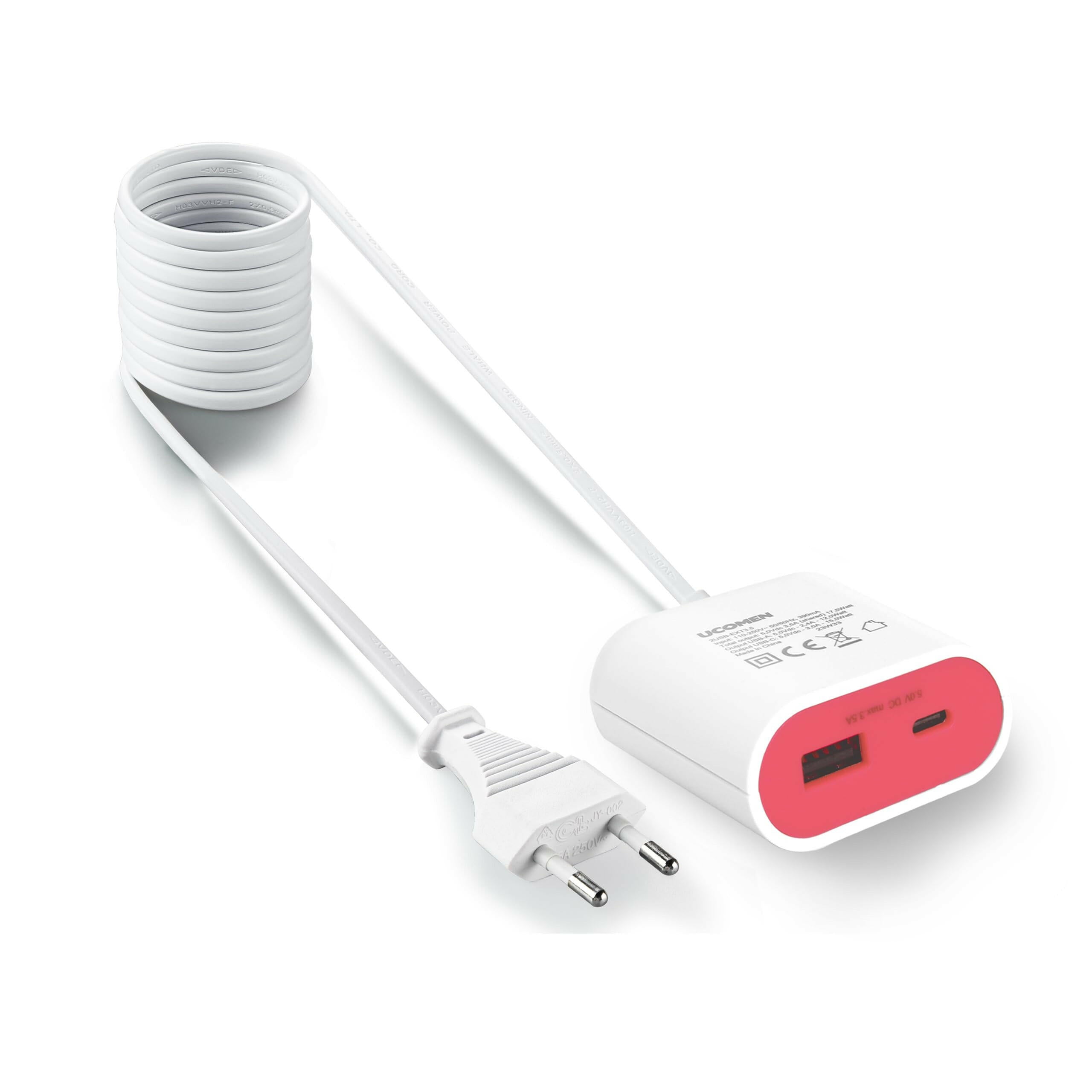 UCOMEN Portable Adapter, 2 USB-A Ports, 1.5m Extension Cord, 2.4A 5V