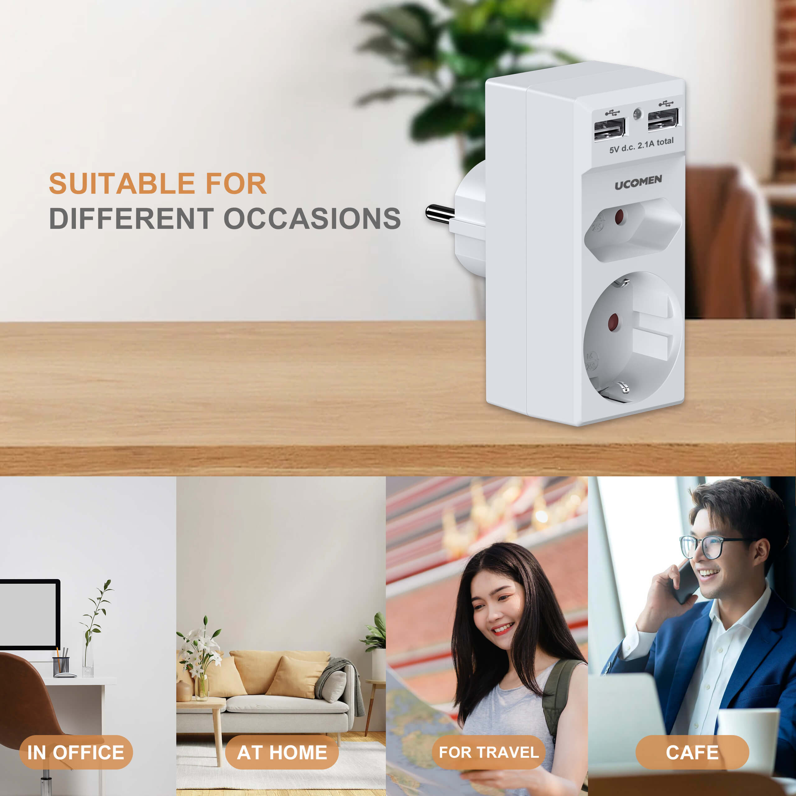 UCOMEN 4-in-1-Steckdosenadapter mit zwei 5-V-2,4-A-USB-Anschlüssen, Haushaltsgeräte, 16 A, 3680 W, weiß