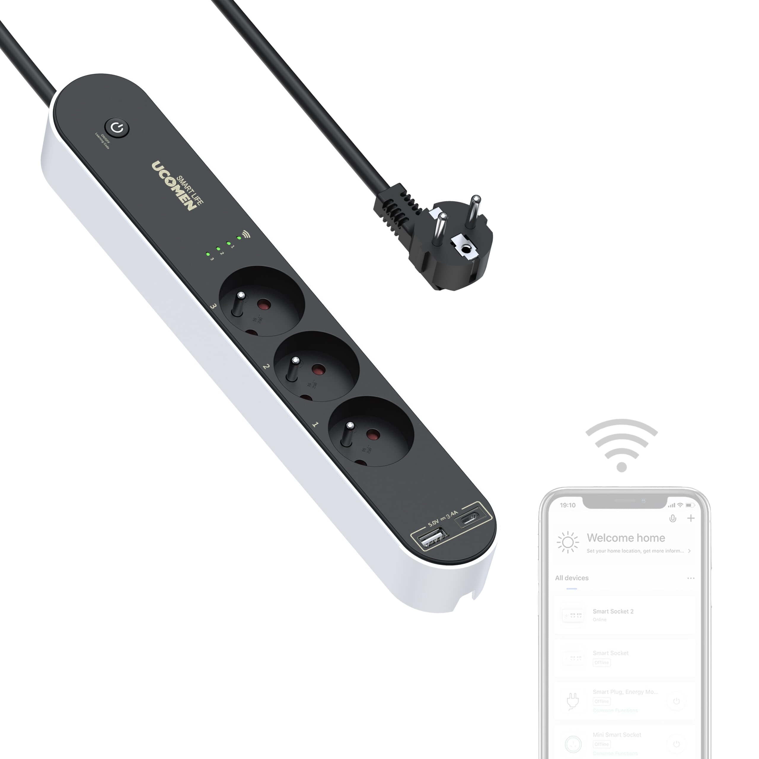 UCOMEN 3-Outlet WiFi Smart Power Strip with USB A+C 17W Fast Charge, 1.5m Cable, 3680W, 16A