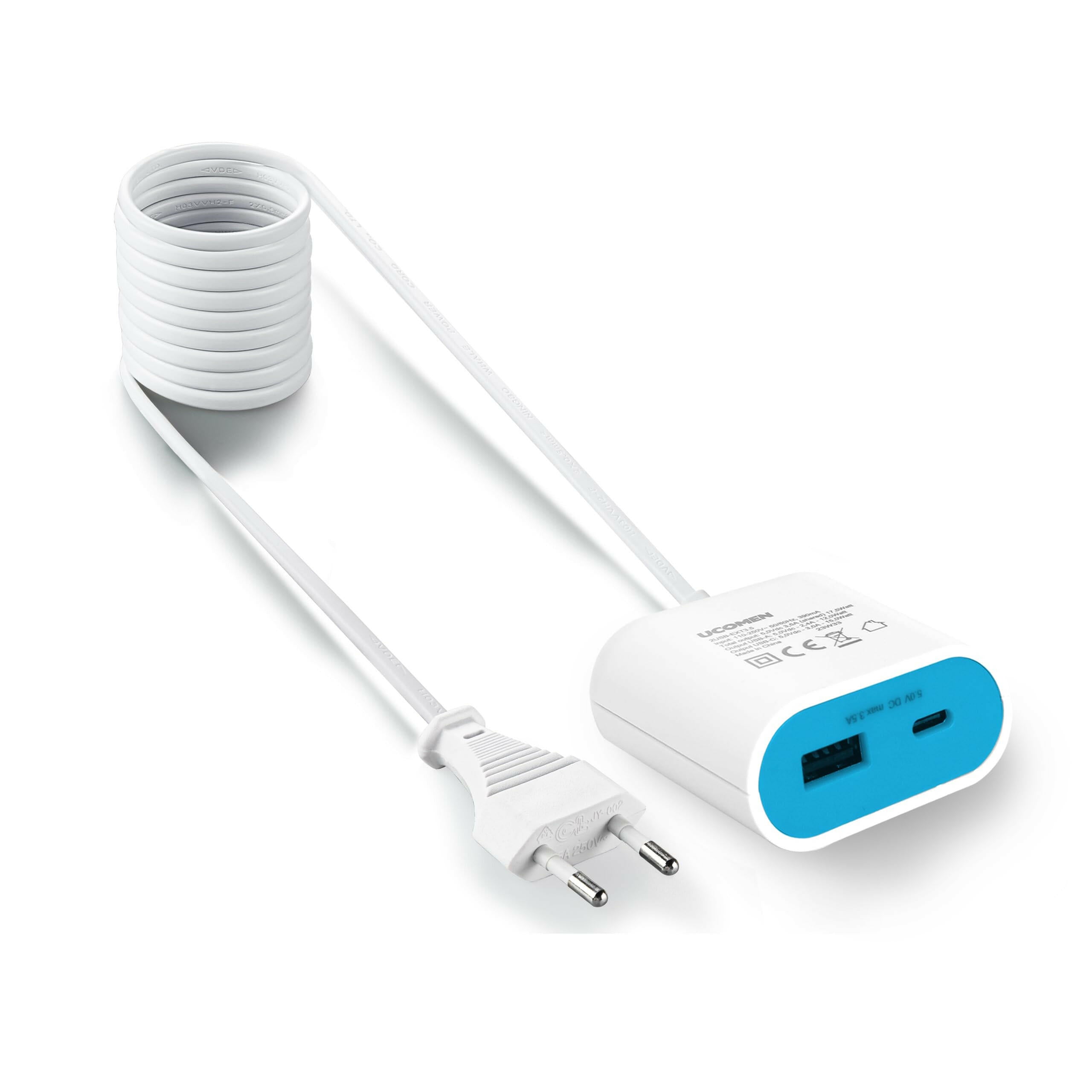UCOMEN Portable Adapter, 2 USB-A Ports, 1.5m Extension Cord, 2.4A 5V