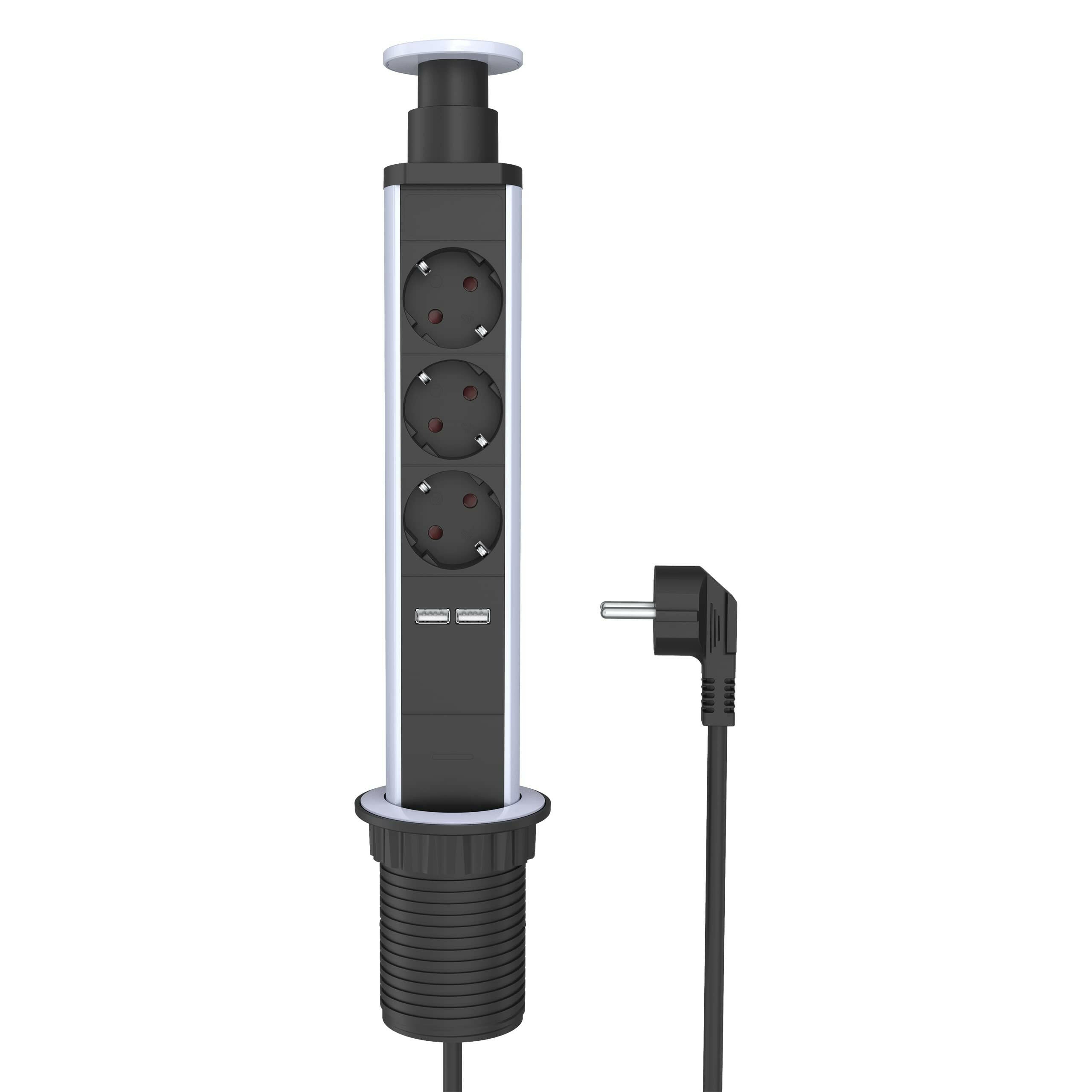 UCOMEN Retractable Power Tower, Desktop Power,3 Outlet, 2 USB-A, 2m Cable