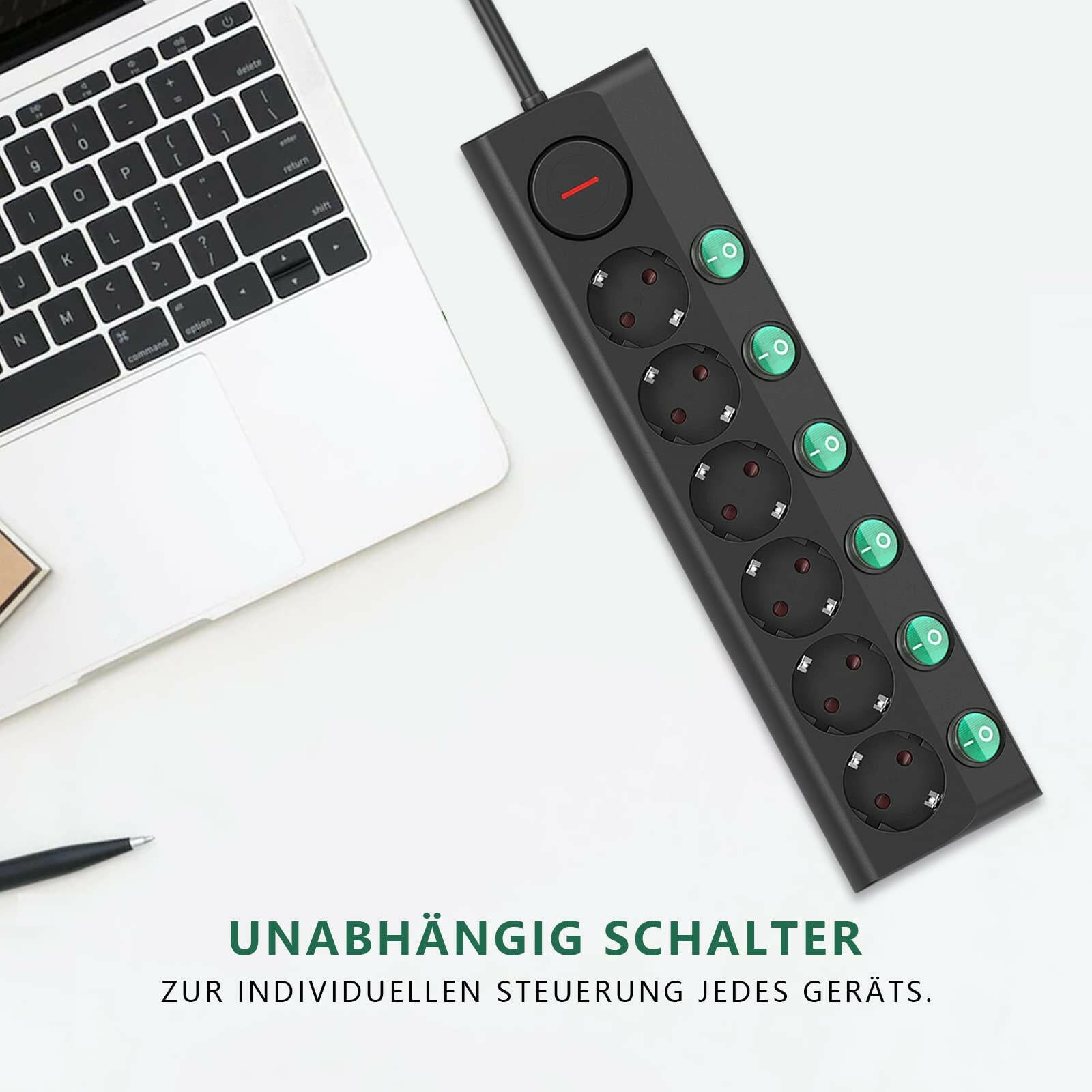 UCOMEN Steckdosenleiste mit 6 Steckdosen, Überlastschutz, Einzelschalter, 1,5 m Kabel, 16 A, 3680 W, 250 V
