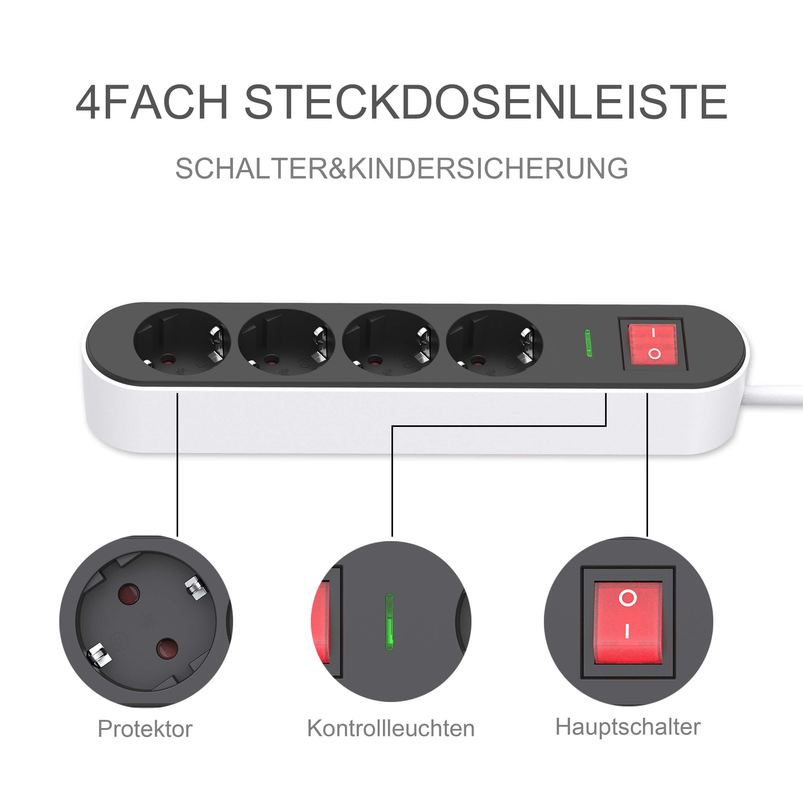 UCOMEN 4/6-Outlet Power Strip,Flat Ring-Plug, Enhanced Child Protection, 1.5m Cable, Black/Blue