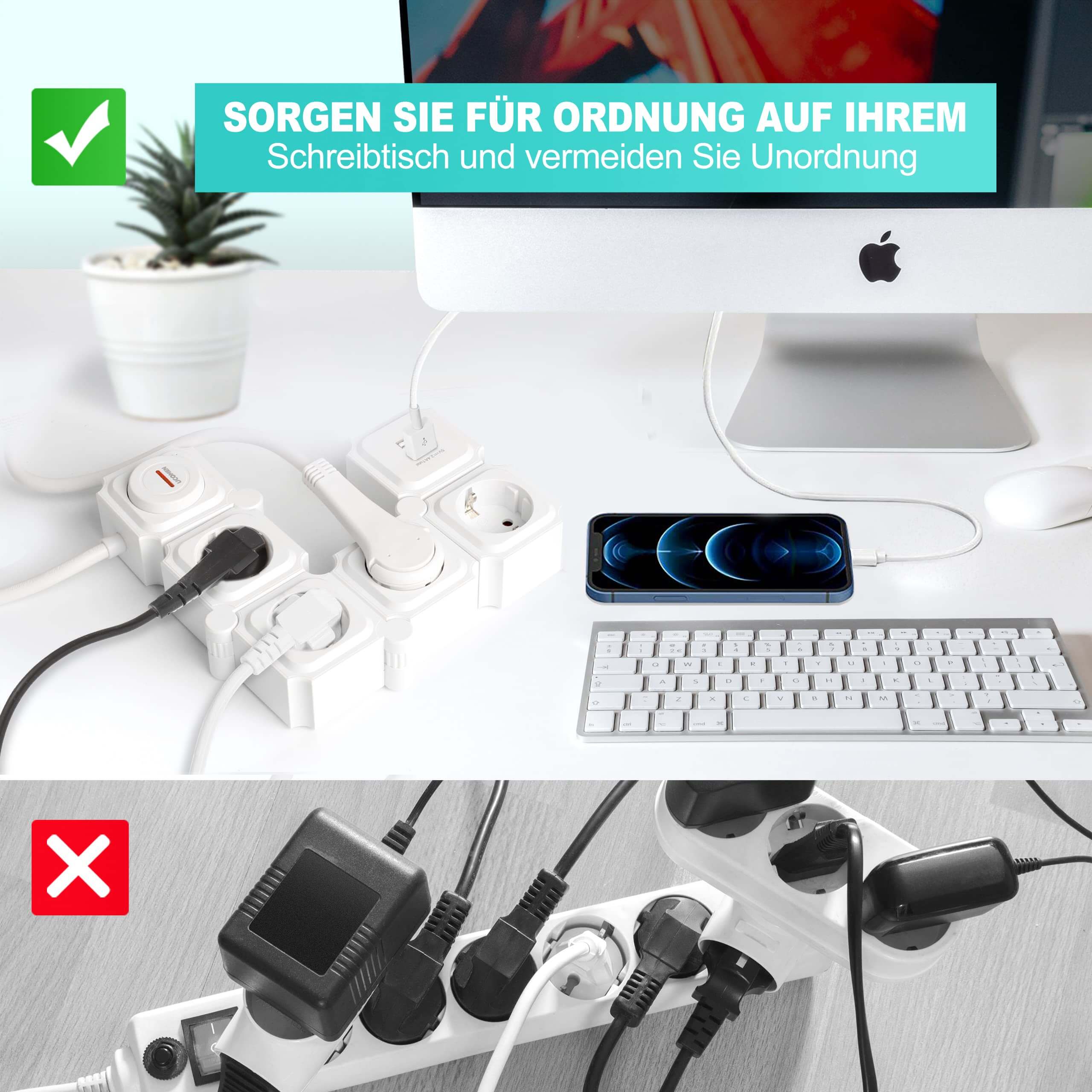 UCOMEN Steckdosenleiste mit 2/4/6 Steckdosen, 180 Grad drehbar, 2 USB-Anschlüsse, 3680 W, 16 A, Schwarzweiß