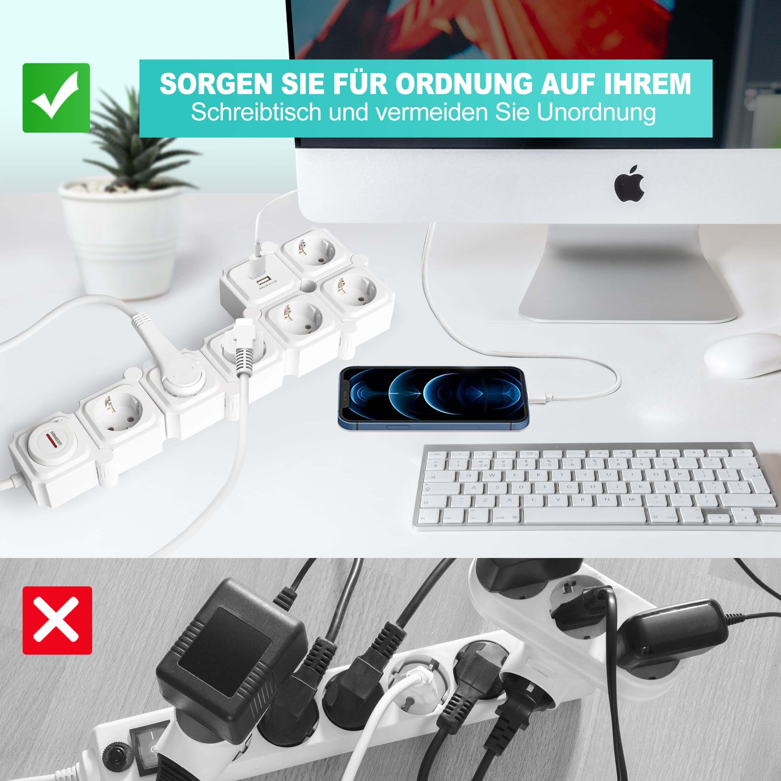 UCOMEN 6-Outlet Power Strip, 180-Degree Rotatable, 2 USB Ports, 3680W 16A, Black&White