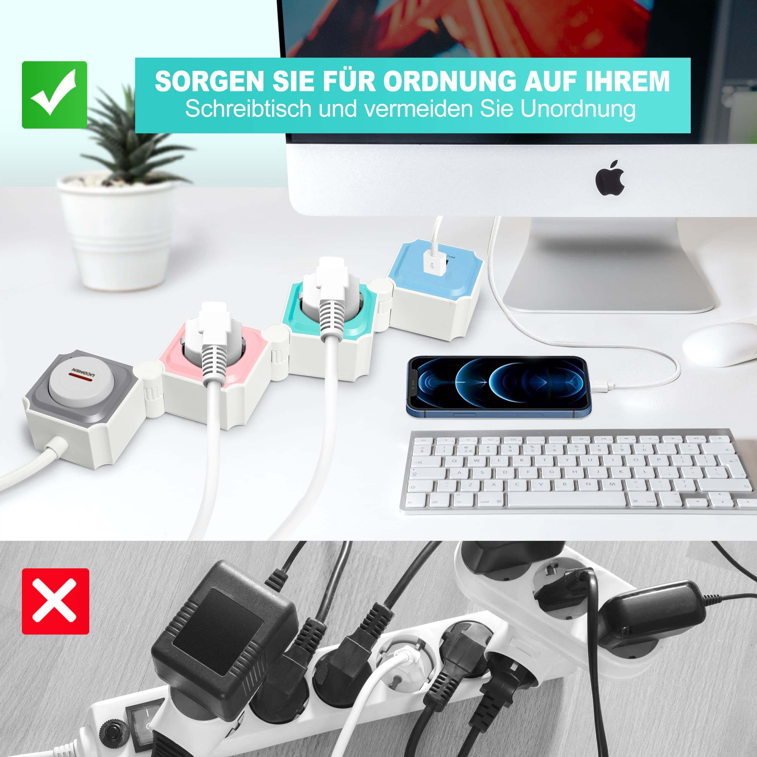 UCOMEN 2-Outlet Flexible Power Strip, 180-Degree Rotatable, 2 USB Ports, 3680W 16A
