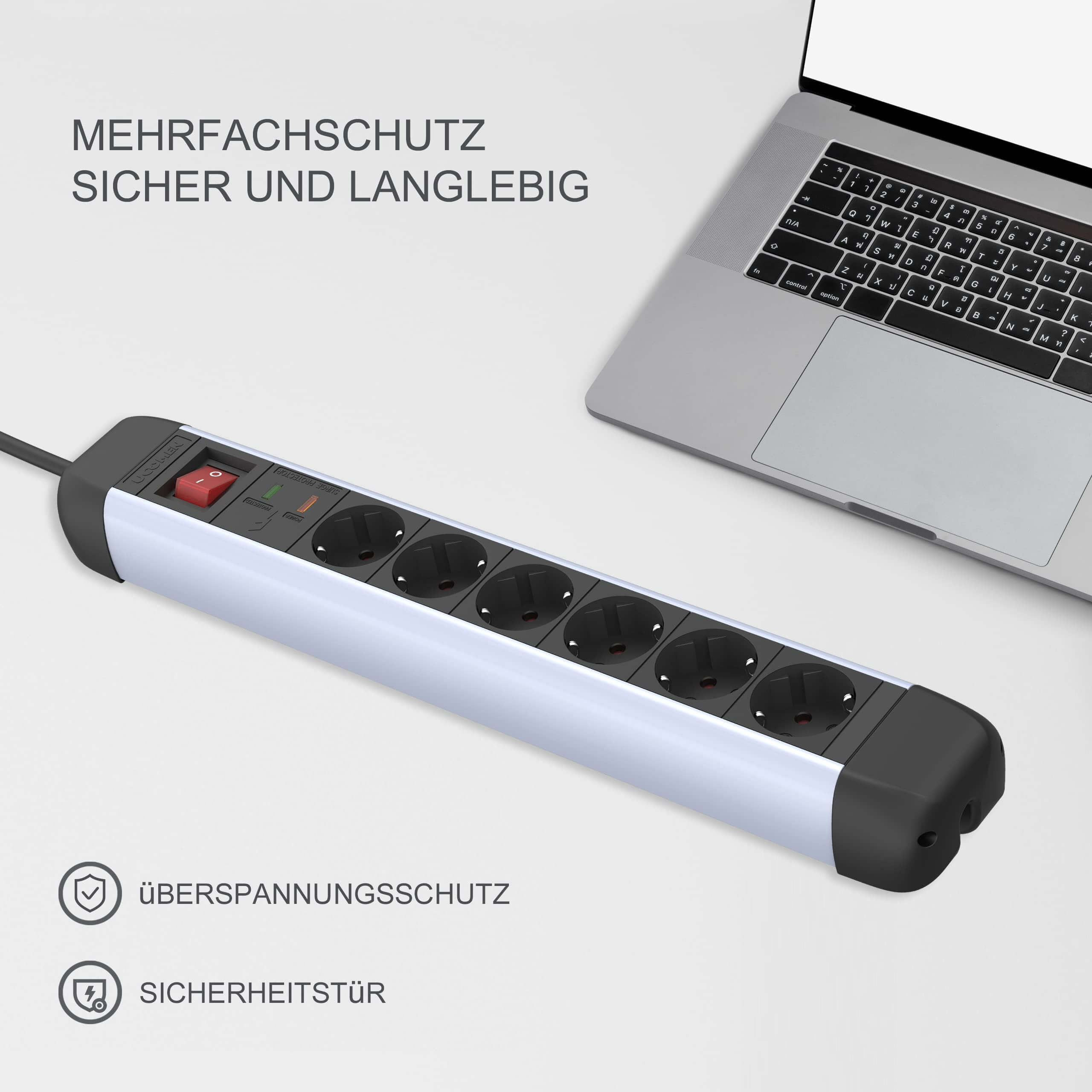 UCOMEN Heavy Duty 6-Outlet Power Strip with Surge Protection, 1.8m Cable, Office&Commercial