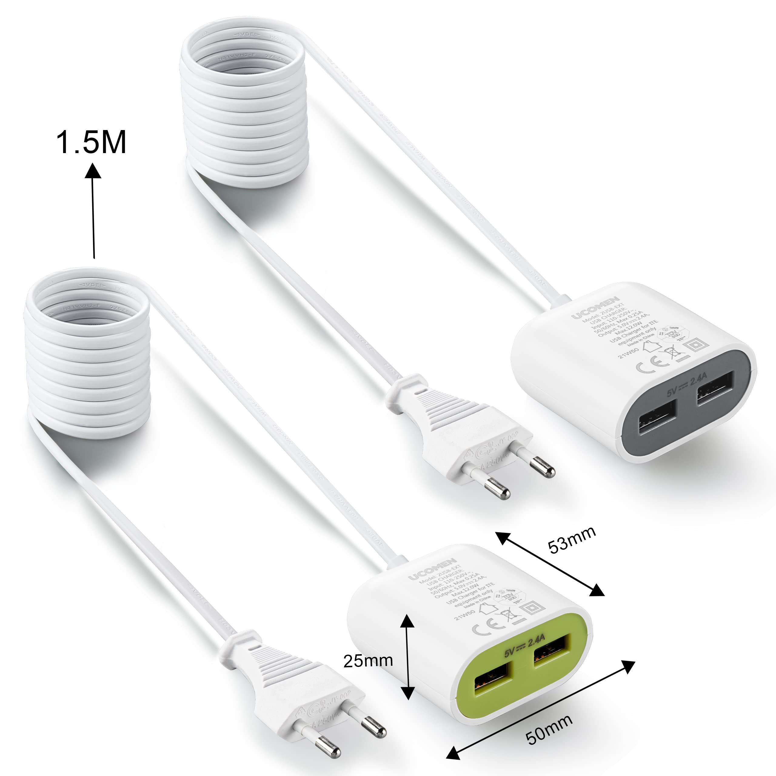 UCOMEN Portable Adapter, 2 USB-A Ports, 1.5m Extension Cord, 2.4A 5V