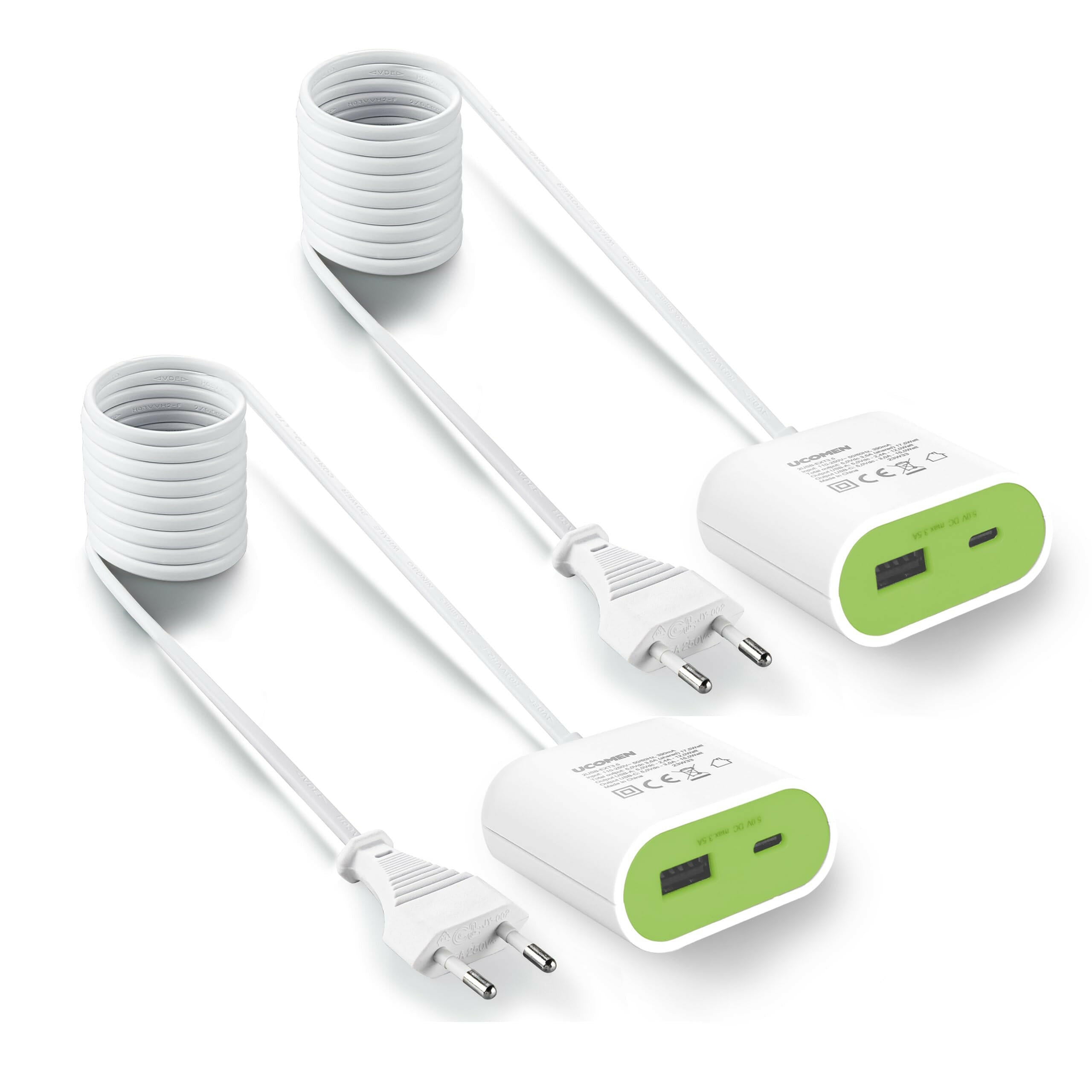 UCOMEN Portable Adapter, 2 USB-A Ports, 1.5m Extension Cord, 2.4A 5V
