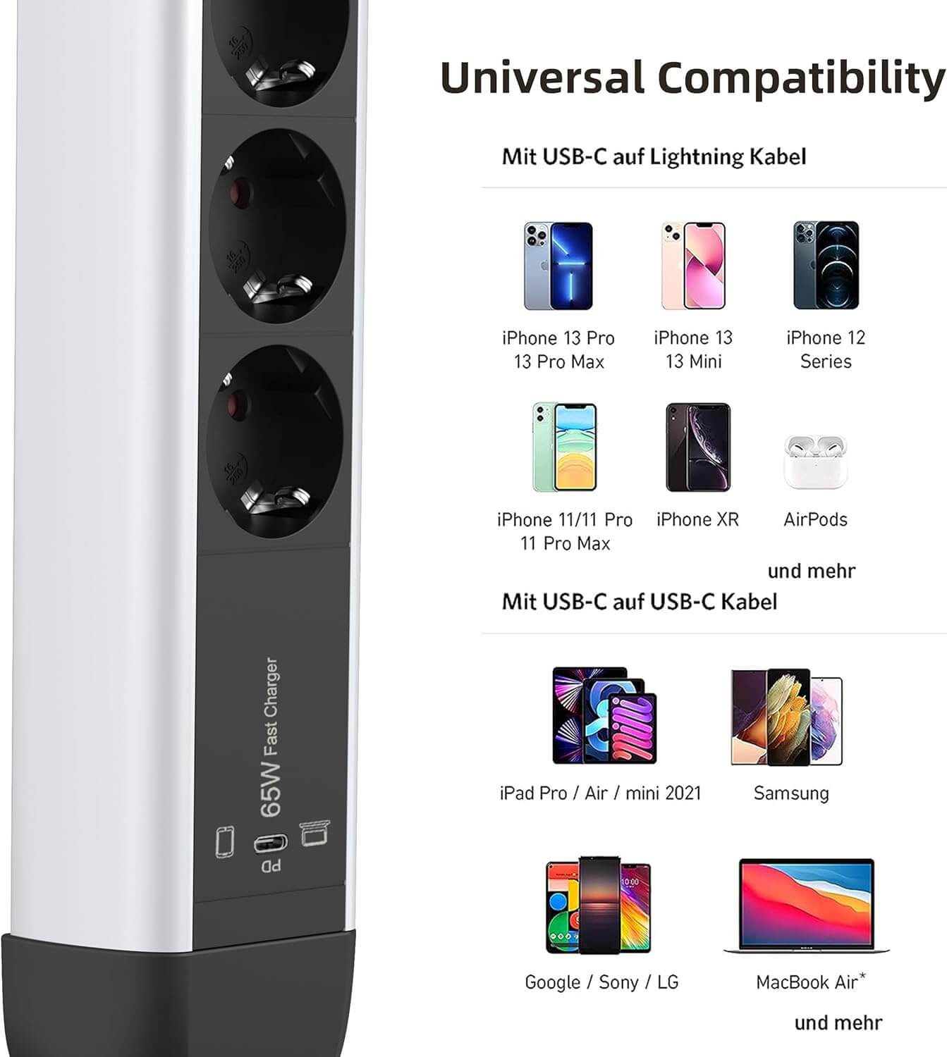 UCOMEN 3-Outlet Power Strip, PD 65W USB C for iPhone, iPad, MacBook Air/Pro, 1.5m Cable, 16A, 3680W