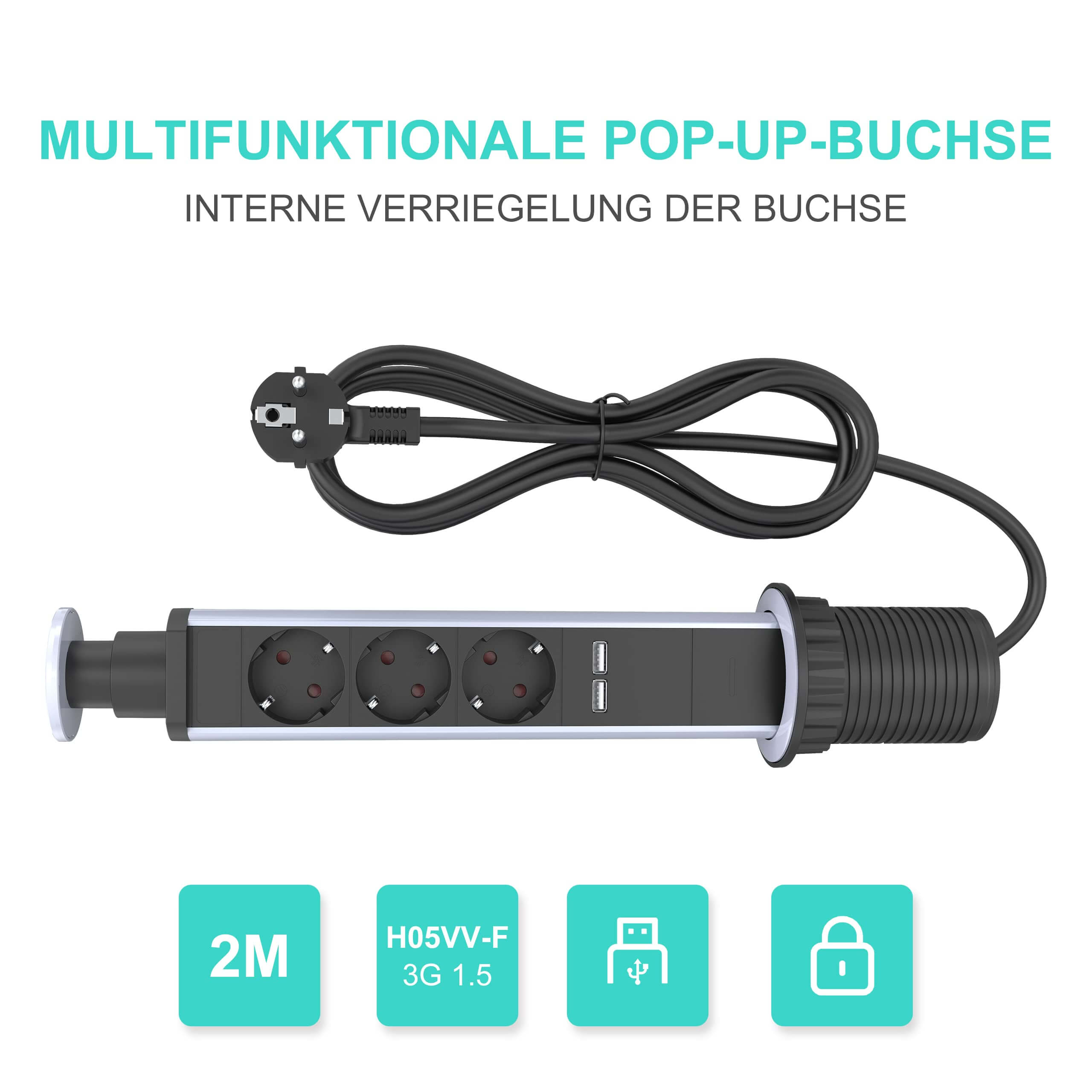 UCOMEN Retractable Power Tower, Desktop Power,3 Outlet, 2 USB-A, 2m Cable