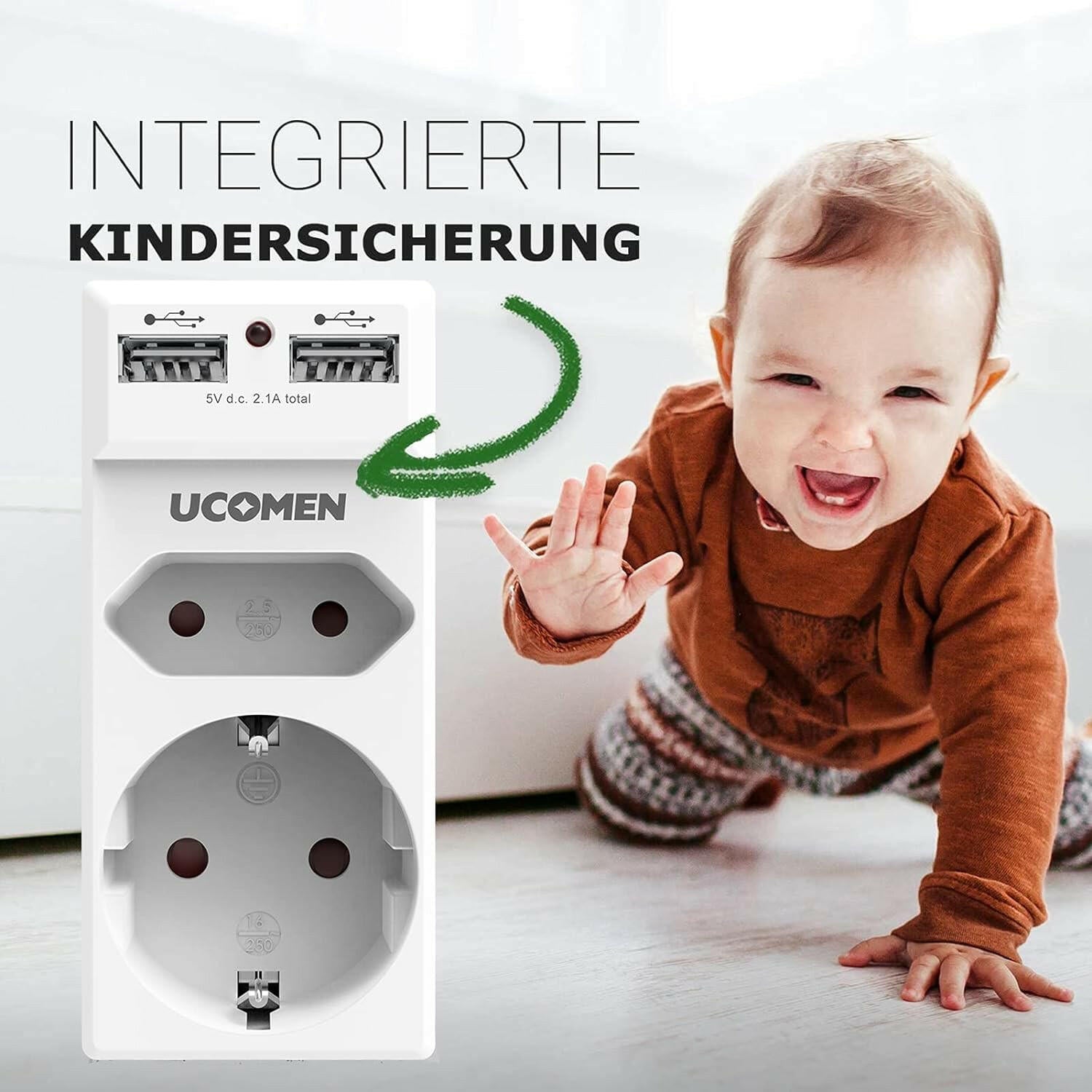 UCOMEN 4-in-1-Steckdosenadapter mit zwei 5-V-2,4-A-USB-Anschlüssen, Haushaltsgeräte, 16 A, 3680 W, weiß