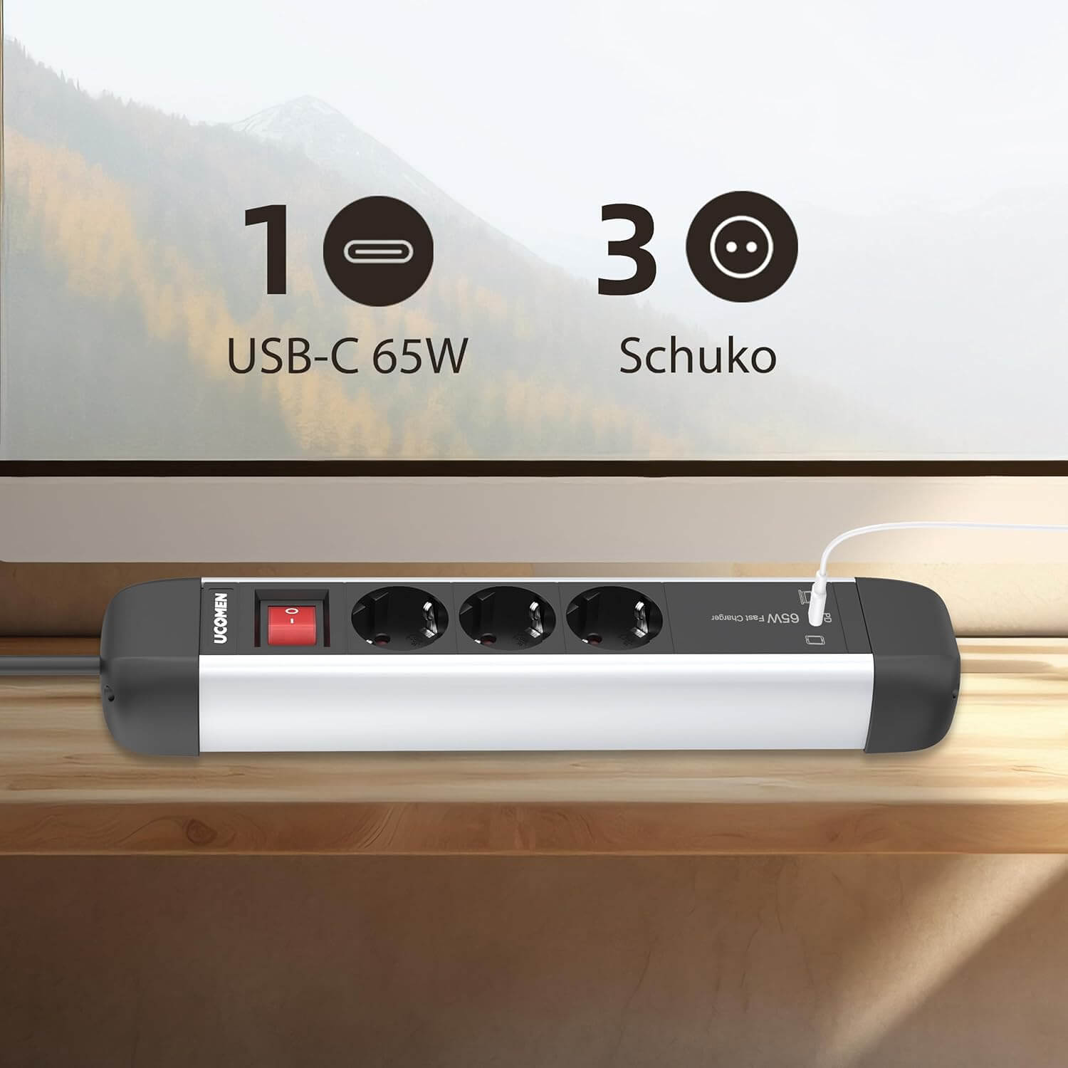 UCOMEN 3-Outlet Power Strip, PD 65W USB C for iPhone, iPad, MacBook Air/Pro, 1.5m Cable, 16A, 3680W
