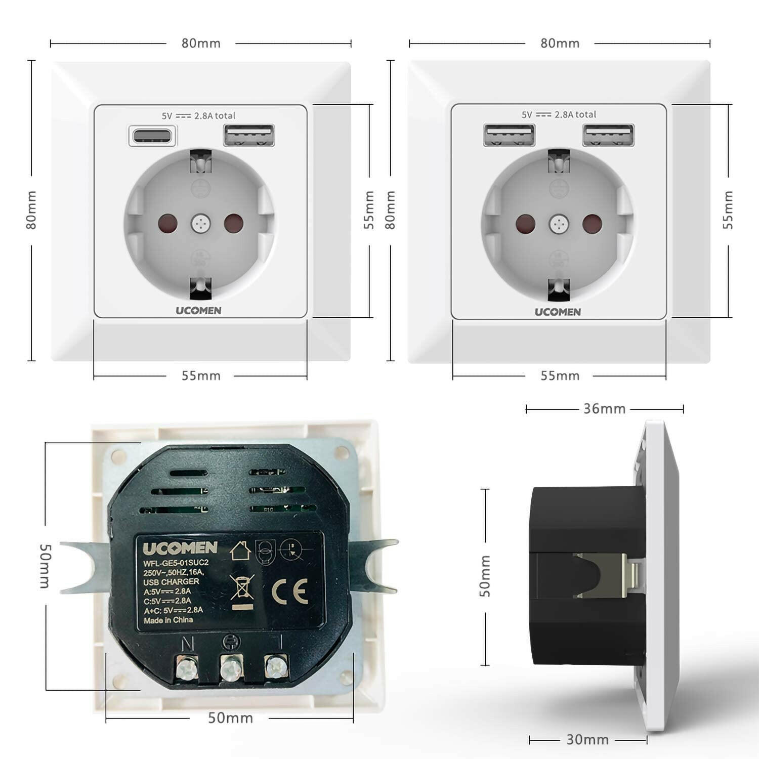 UCOMEN 2,8 A/3,1 A Wandsteckdosen-Paket, Unterputz-Design, weiß (3er-Pack)