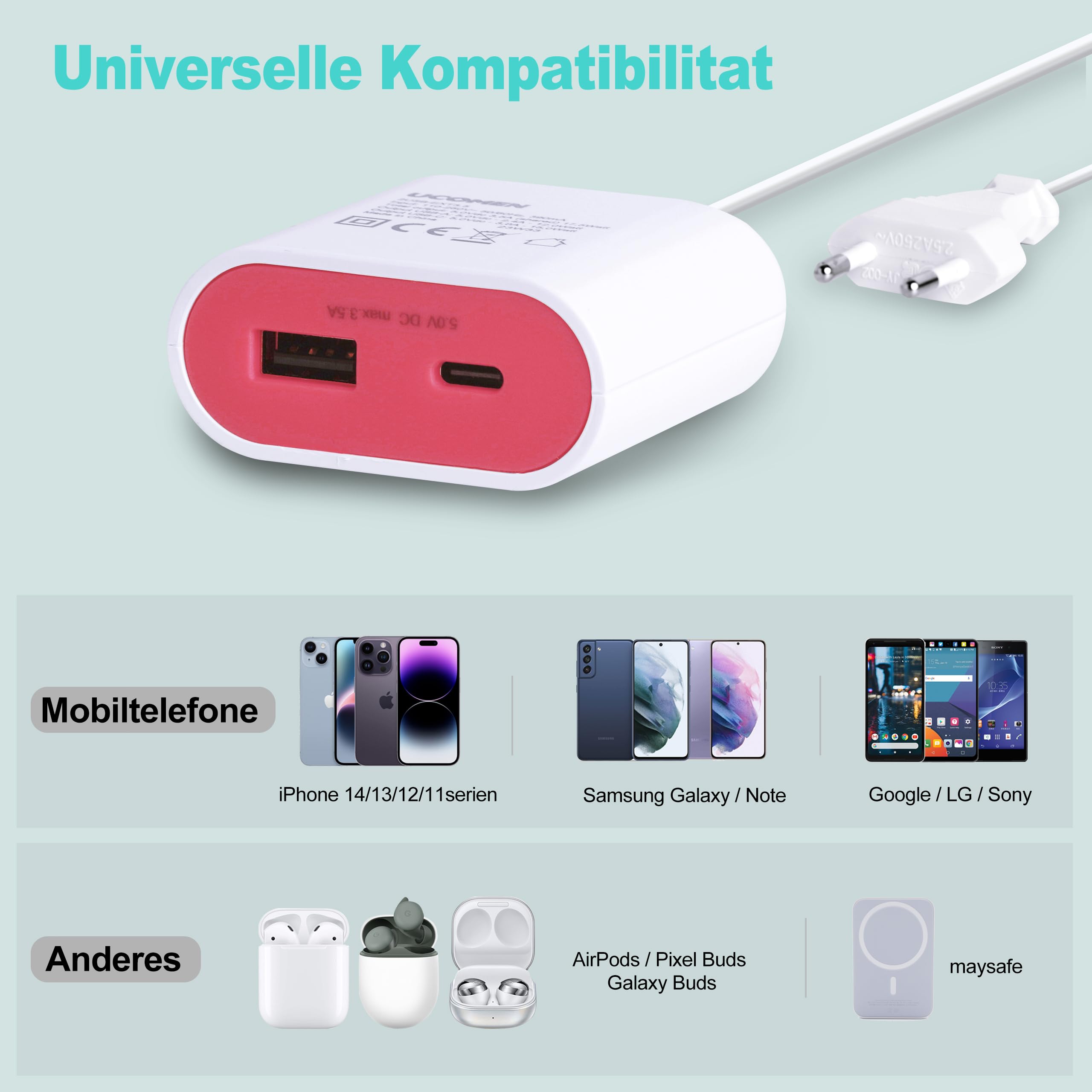 UCOMEN Portable Adapter, 2 USB-A Ports, 1.5m Extension Cord, 2.4A 5V
