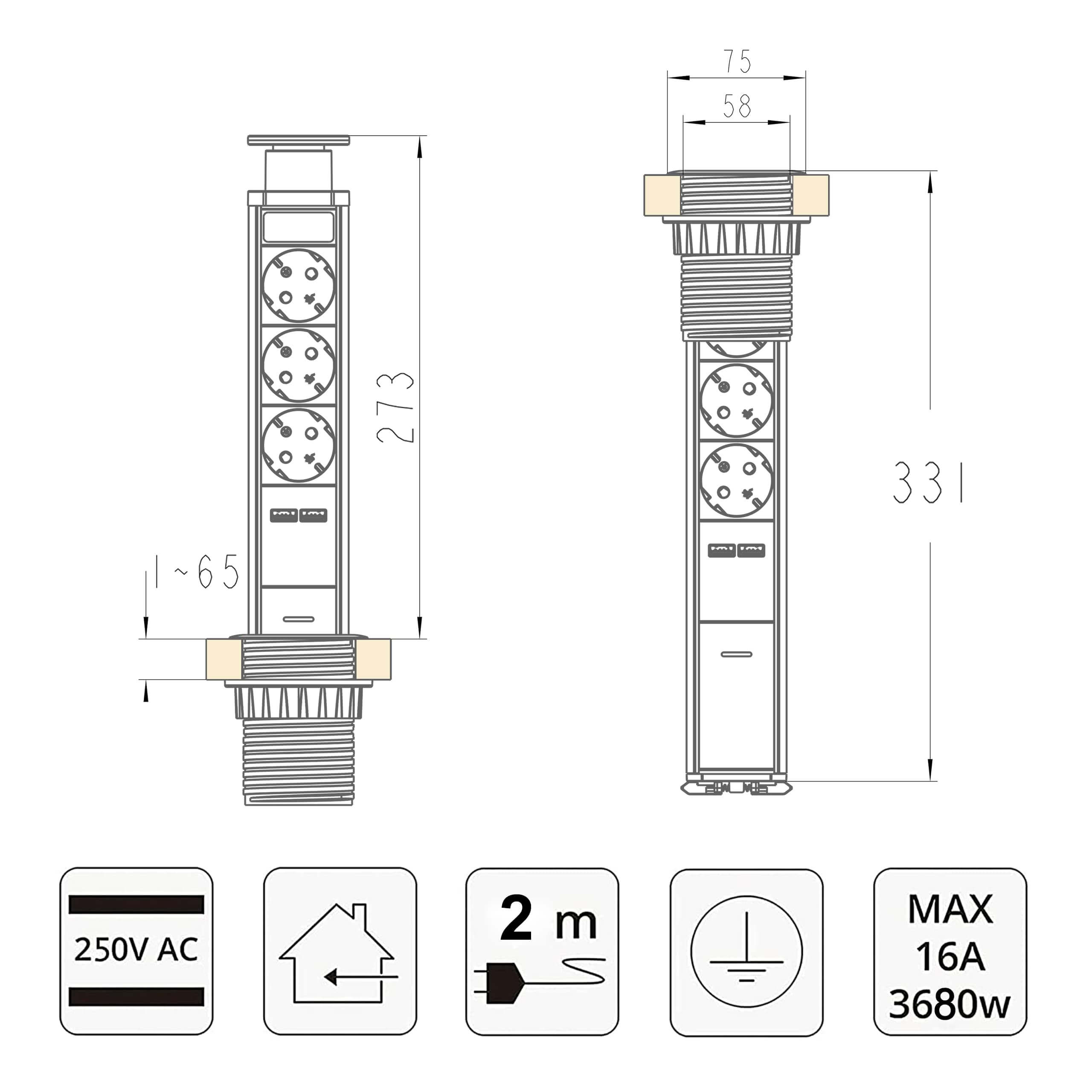 UCOMEN Retractable Power Tower, Desktop Power,3 Outlet, 2 USB-A, 2m Cable