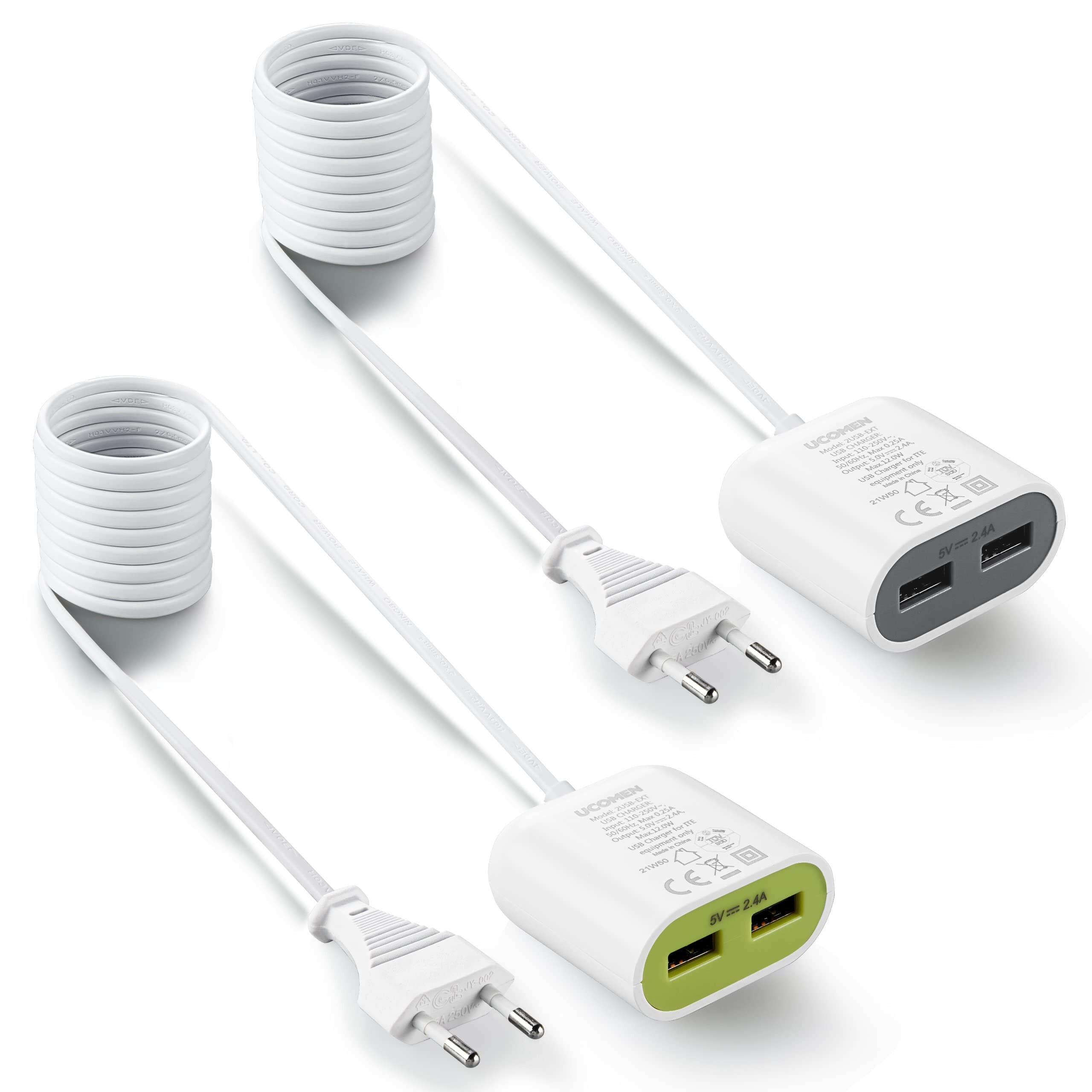 UCOMEN Portable Adapter, 2 USB-A Ports, 1.5m Extension Cord, 2.4A 5V