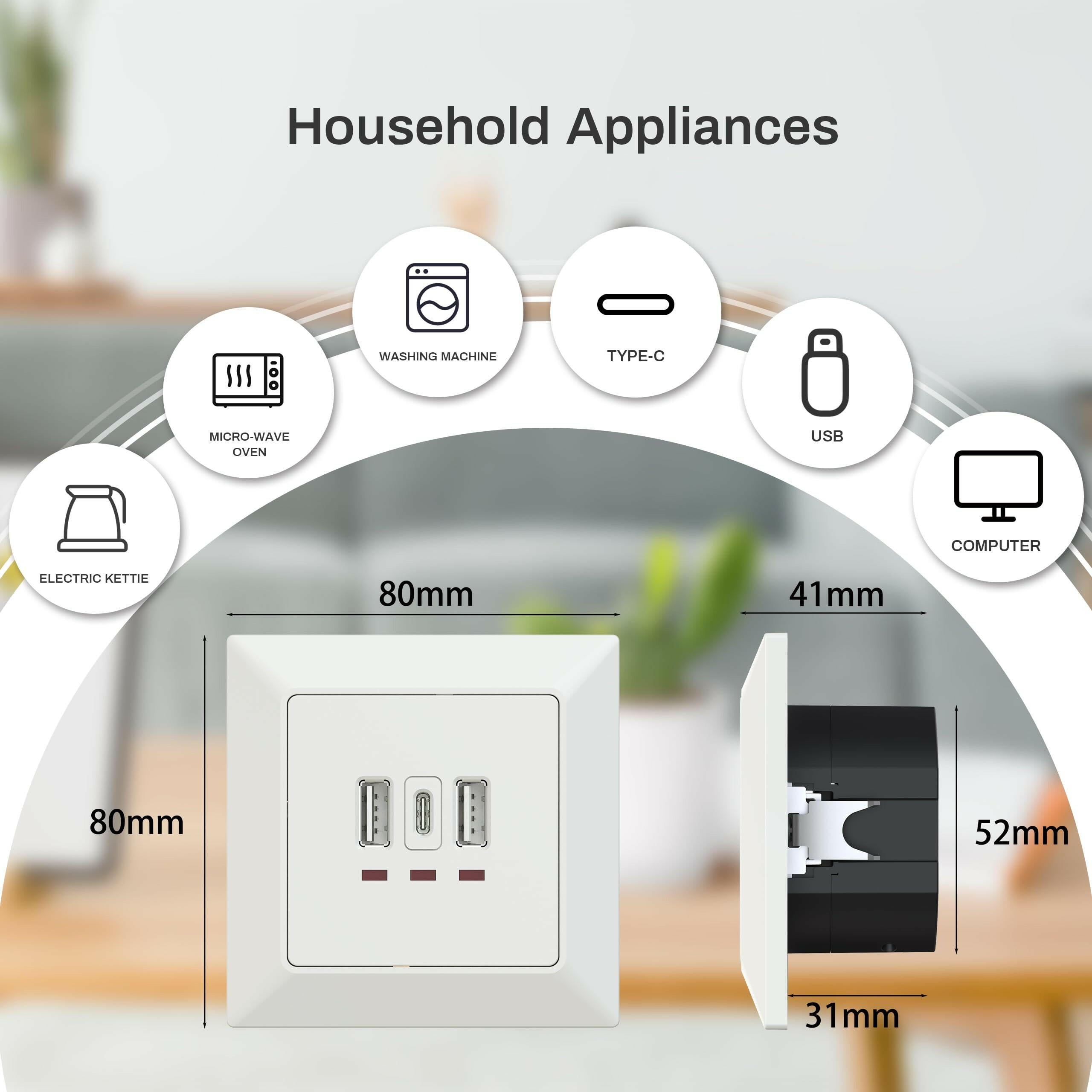 UCOMEN 5.0V, 3.1A Flush-Mounted USB Charger, USB-A & USB-C Ports, White