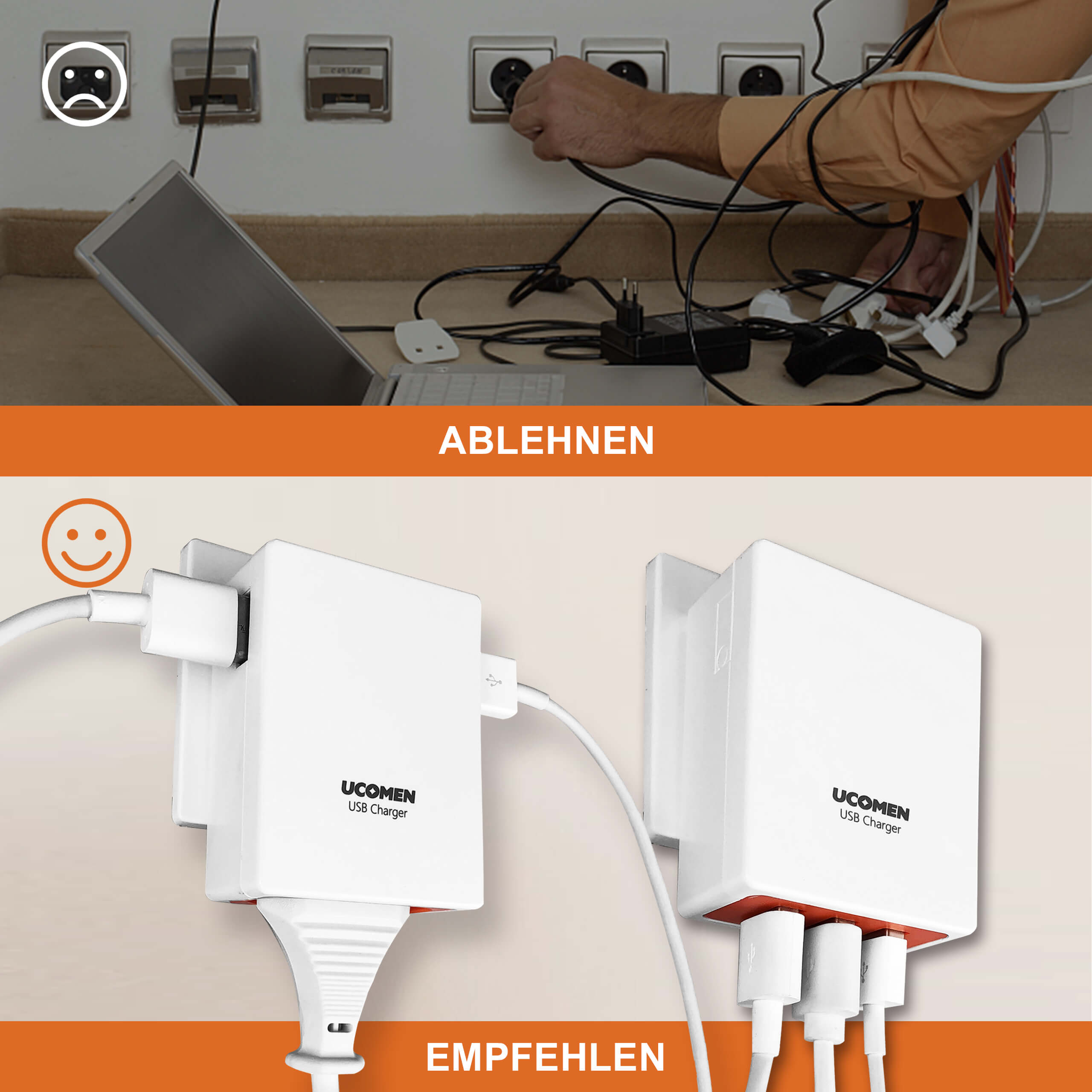 UCOMEN Ladeadapter 3,4 A USB 3 Anschlüsse + 1 Steckdose mit USB 2,1 A 2 Anschlüsse – 2er-Pack