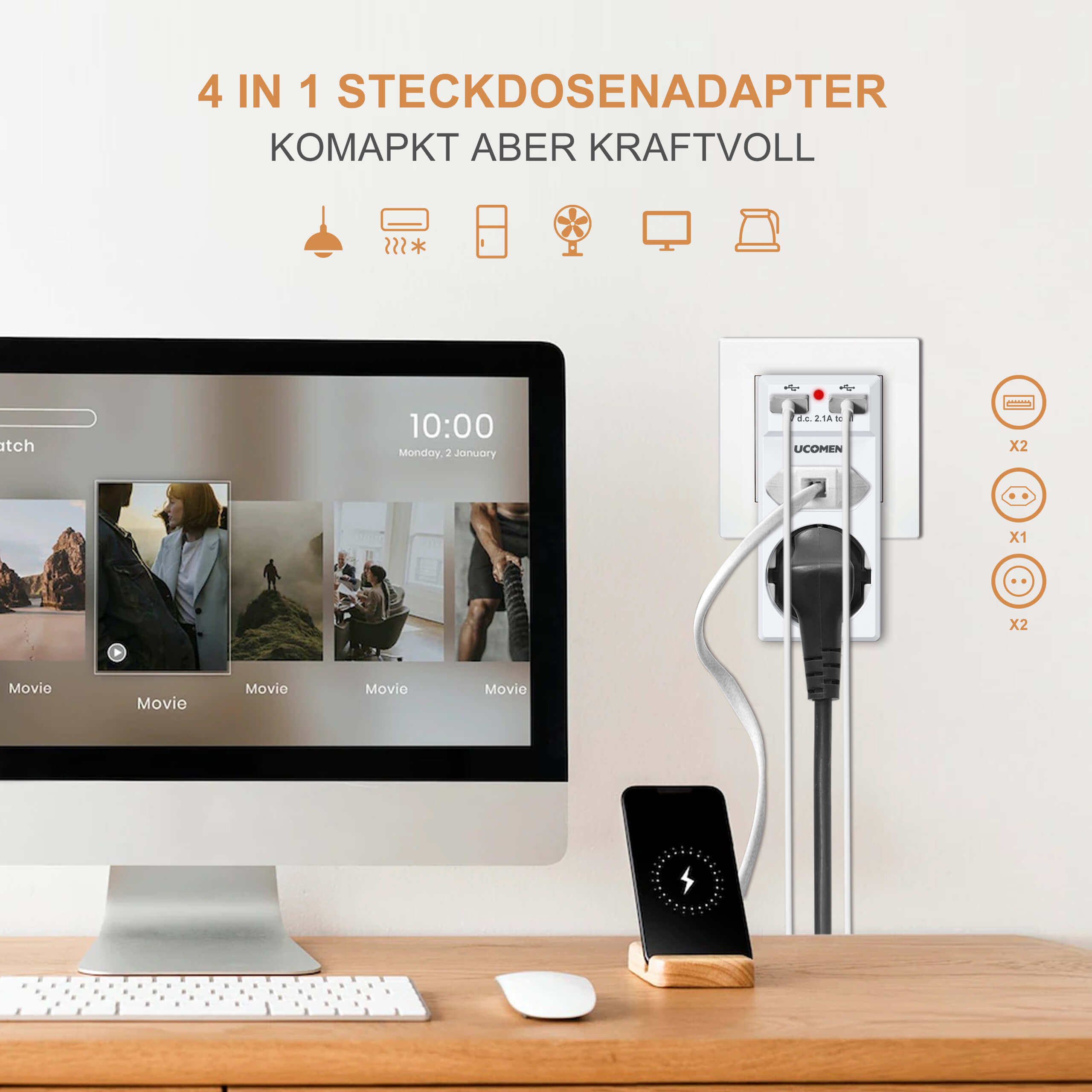UCOMEN 4-in-1-Steckdosenadapter mit zwei 5-V-2,4-A-USB-Anschlüssen, Haushaltsgeräte, 16 A, 3680 W, weiß